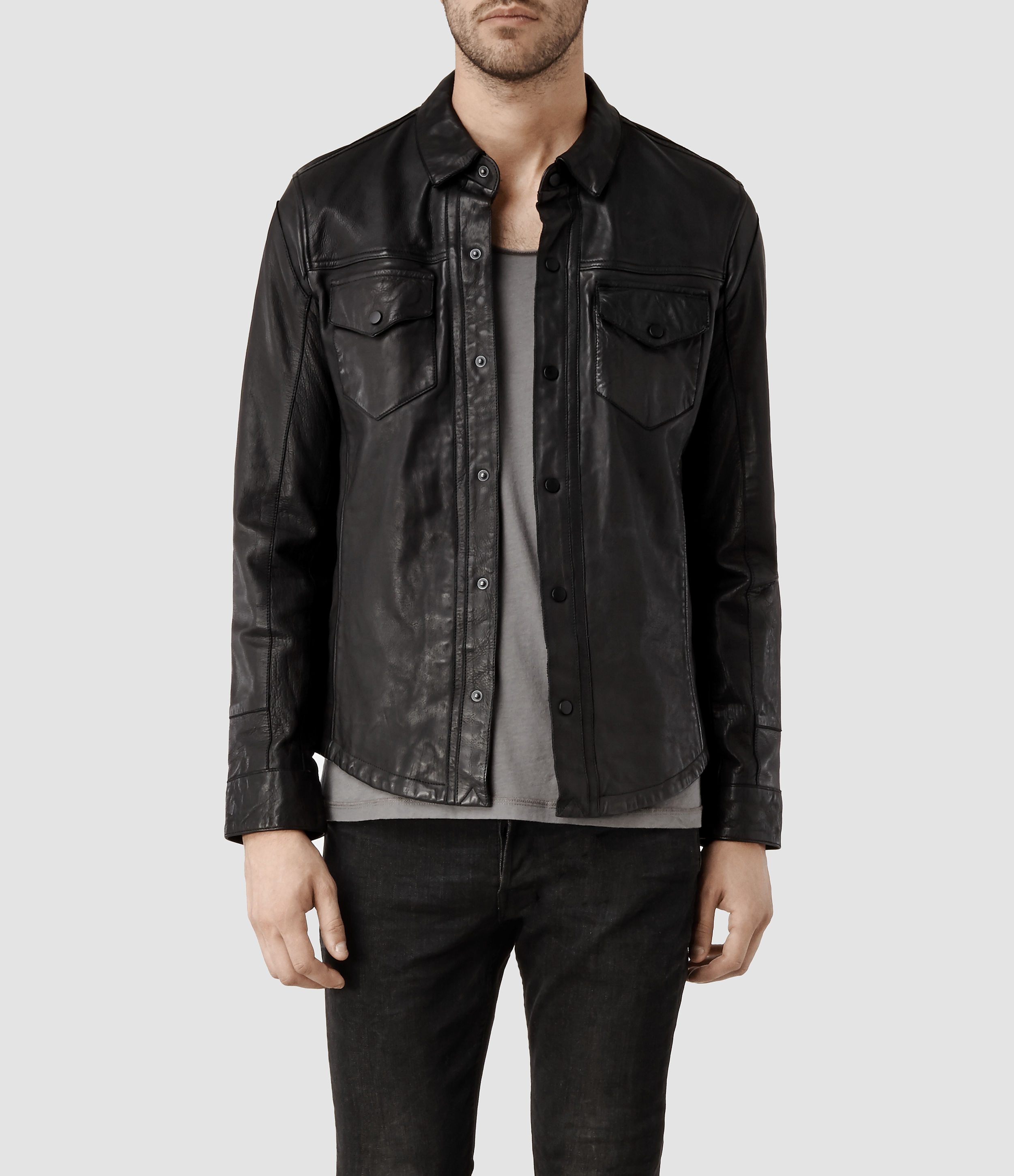 Lyst - Allsaints Raydon Leather Shirt in Black for Men