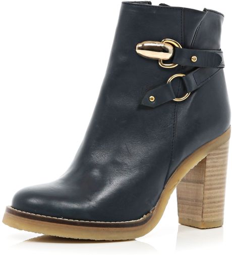 River Island Navy Strap Detail Block Heel Ankle Boots in Blue | Lyst