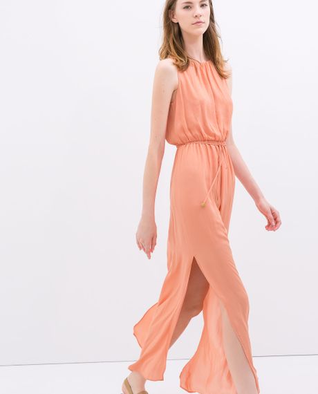 Zara Maxi Dress with Belt in Orange (Peach) | Lyst