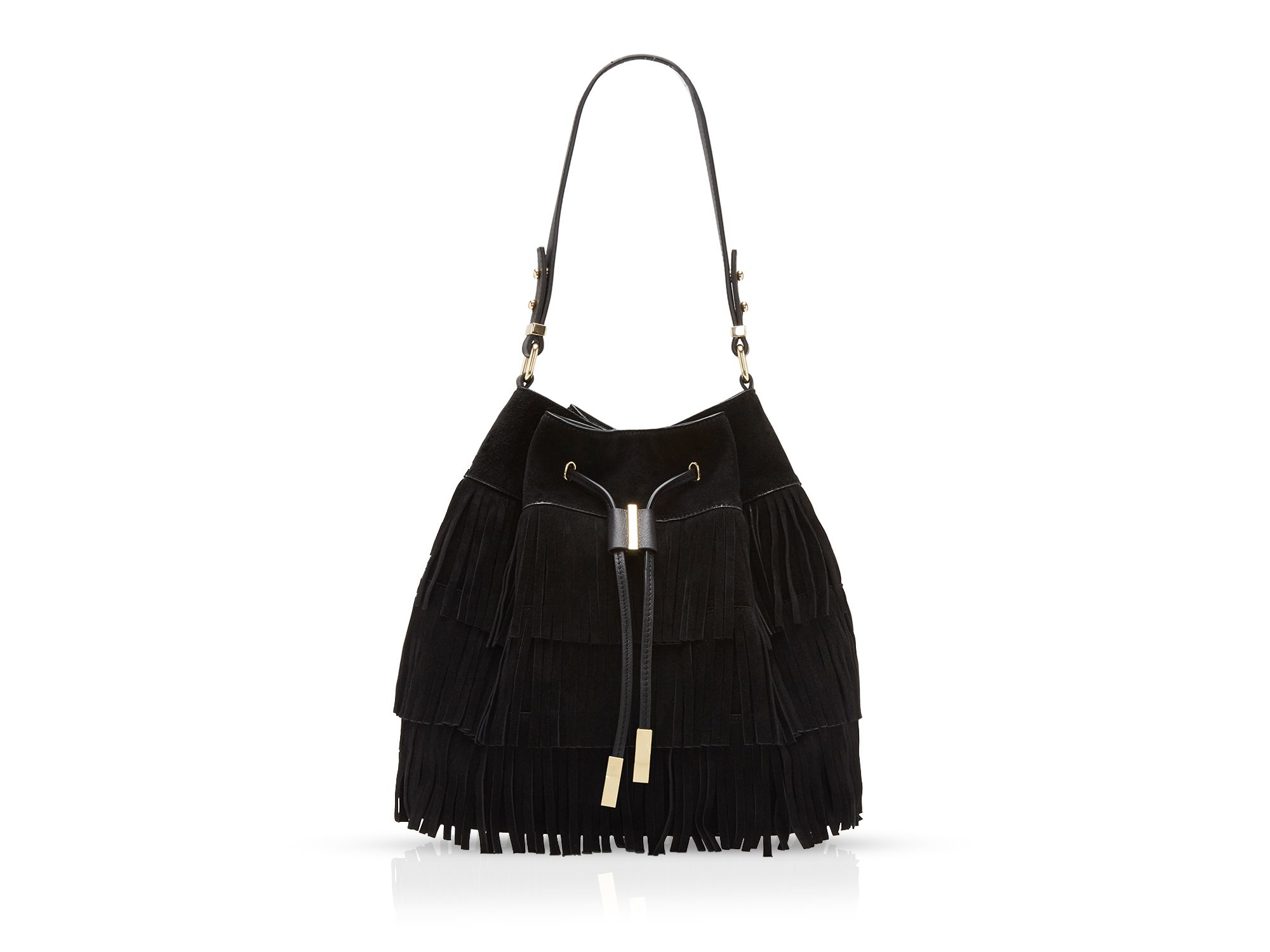 Lyst Vince Camuto Joni Suede Fringe Drawstring Bucket Bag in Black