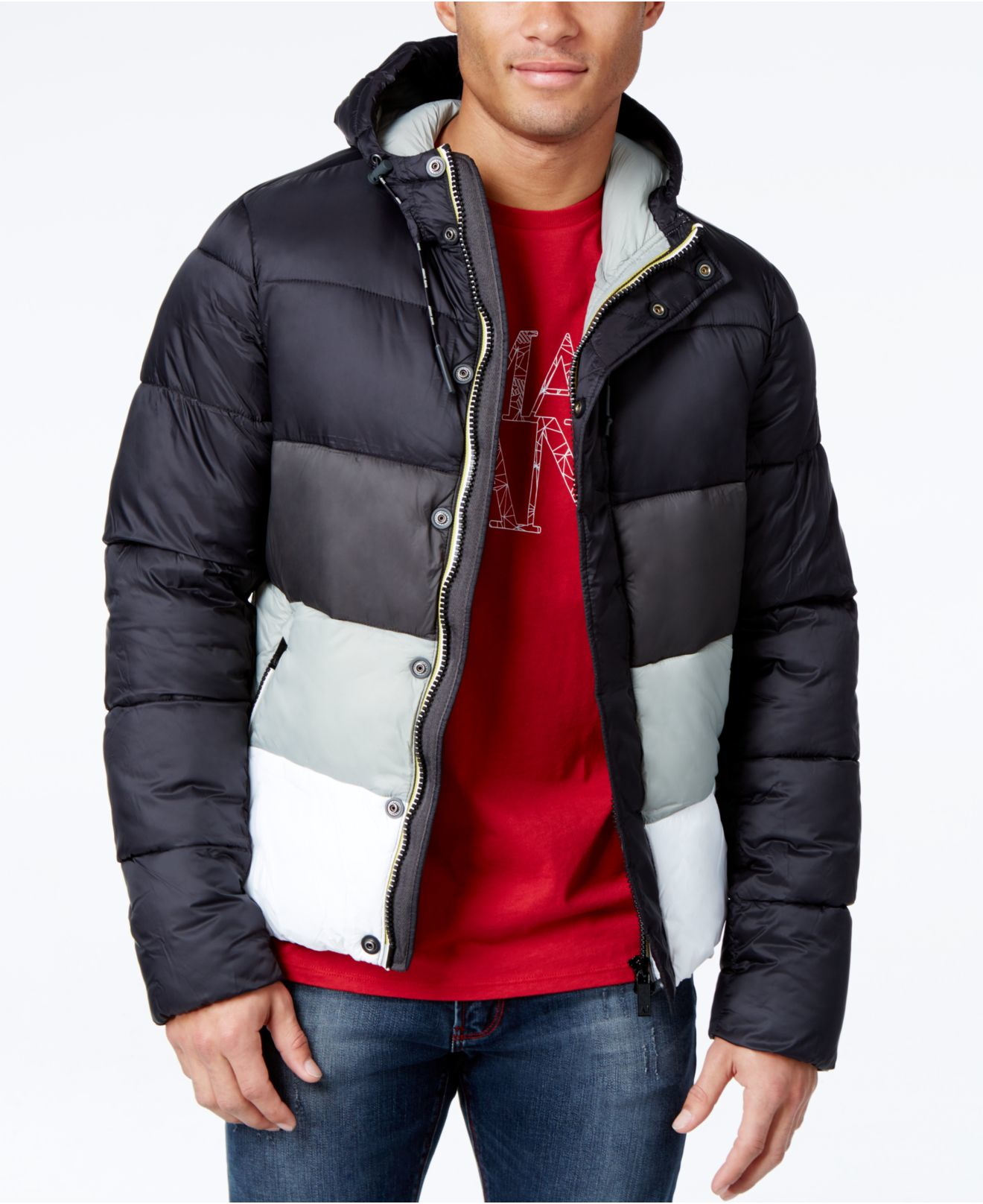 Armani Jeans Black Colorblock Puffer Coat With Hood For Men
