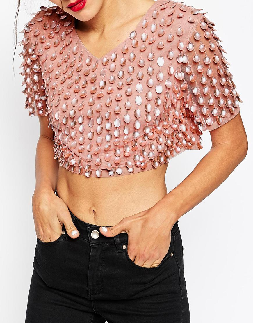 Lyst Asos Crop Top With All Over Sequin in Pink
