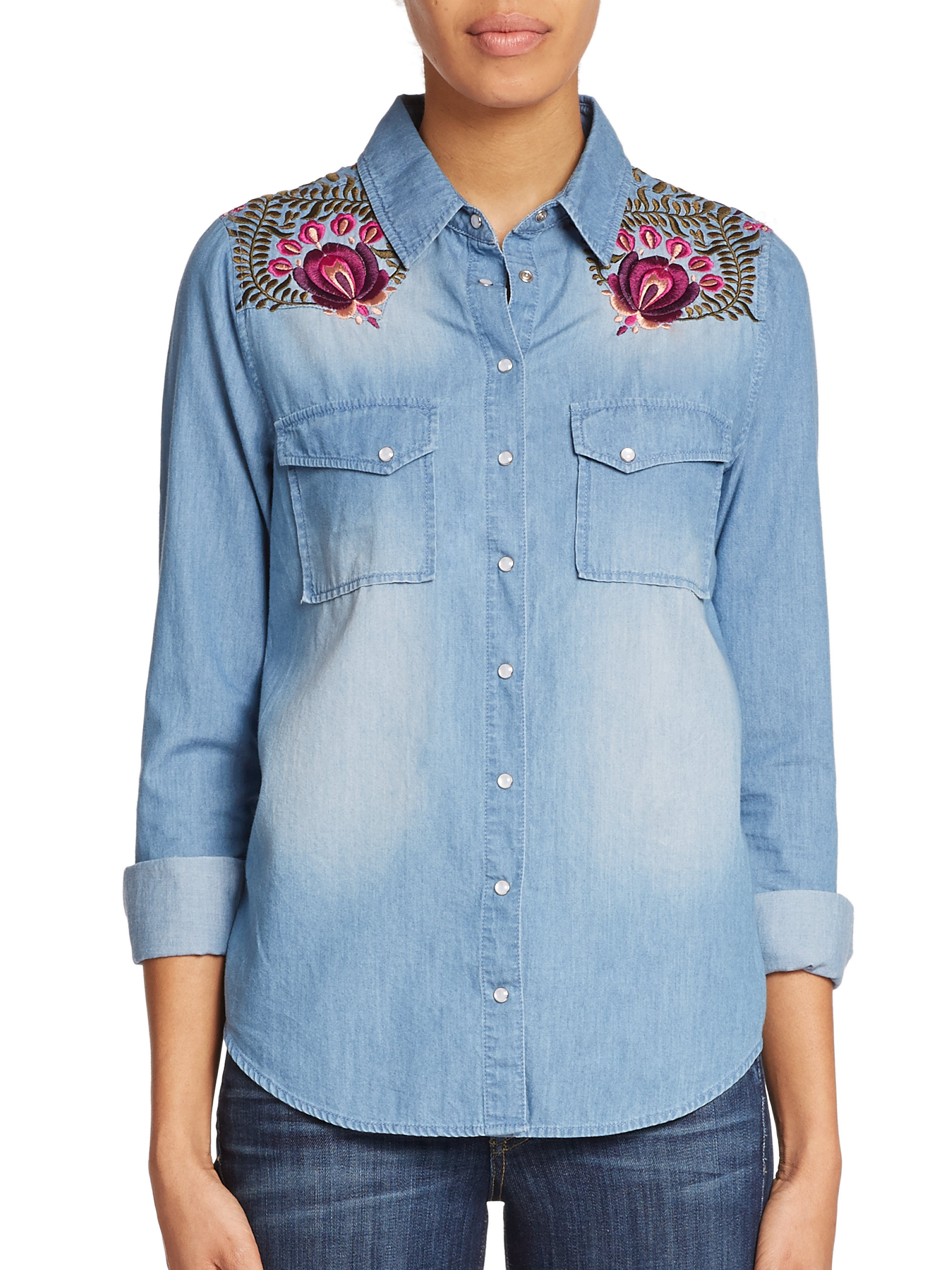 Haute hippie Embroidered Chambray Shirt in Blue (chambray) | Lyst