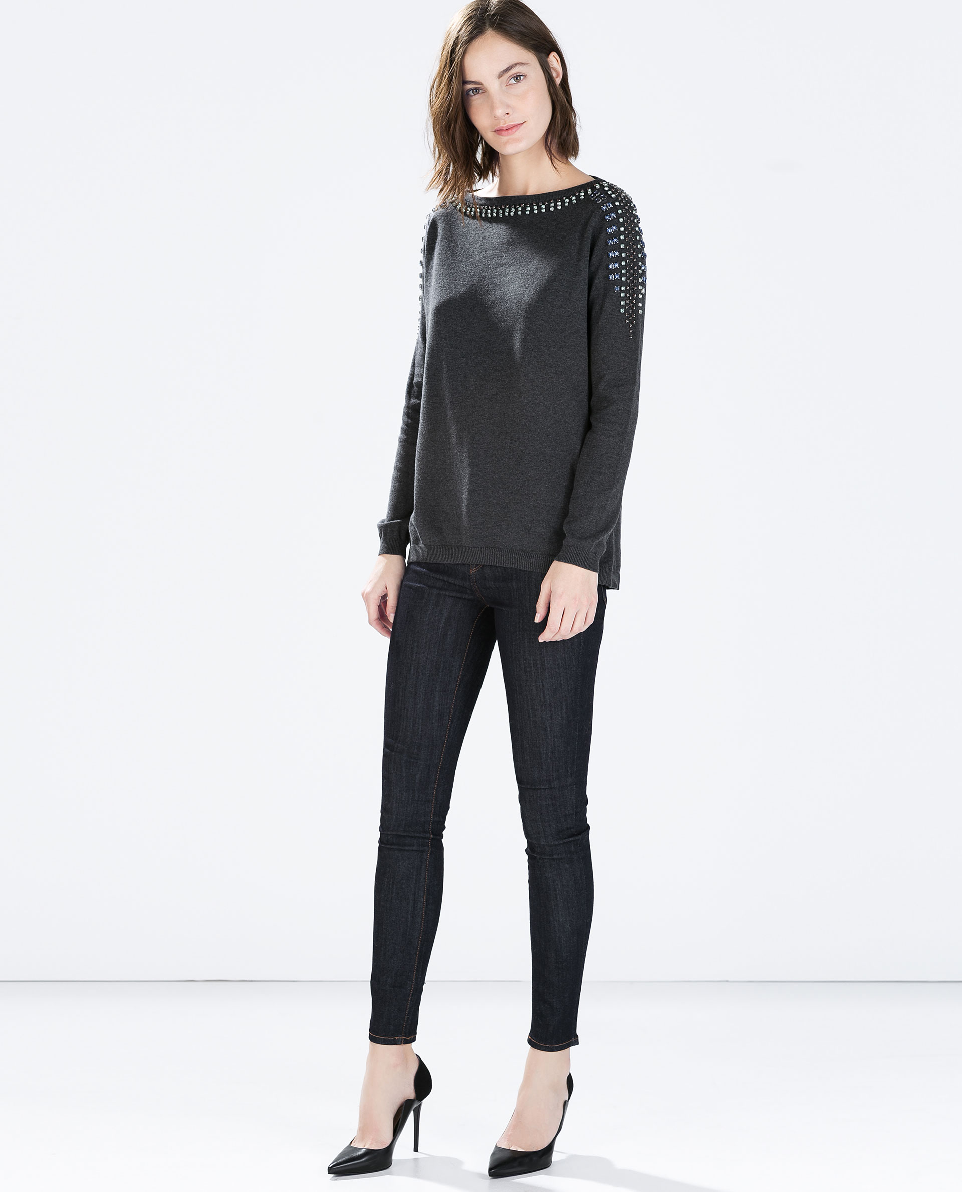 Zara Sweater With Embellished Shoulders in Gray | Lyst