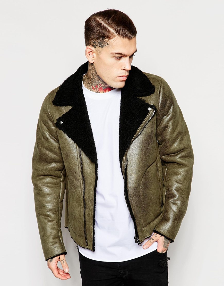 Asos Faux Shearling Jacket In Olive in Green for Men | Lyst