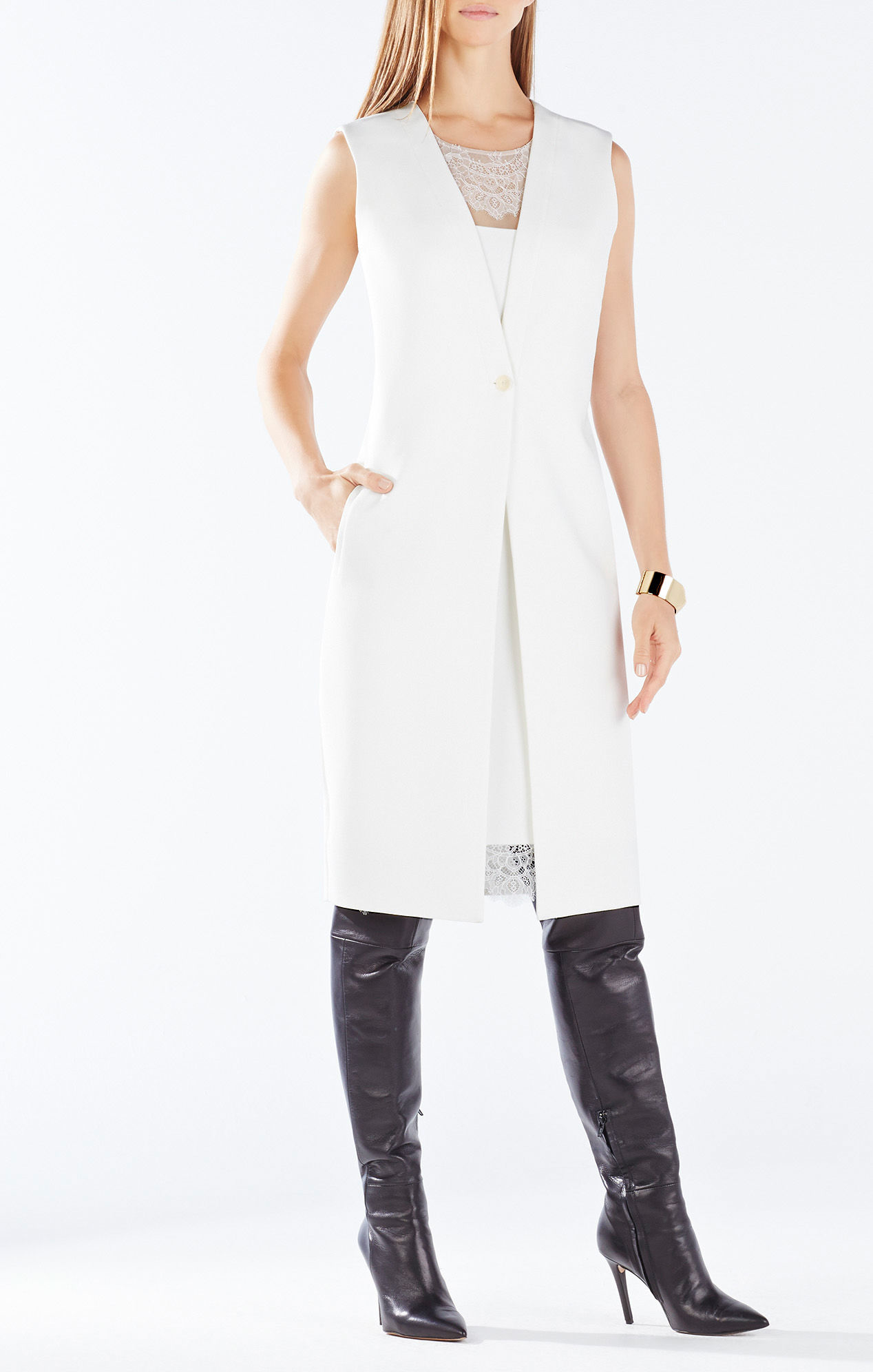 Lyst Bcbgmaxazria Foster Lace Trim Vest Dress in White