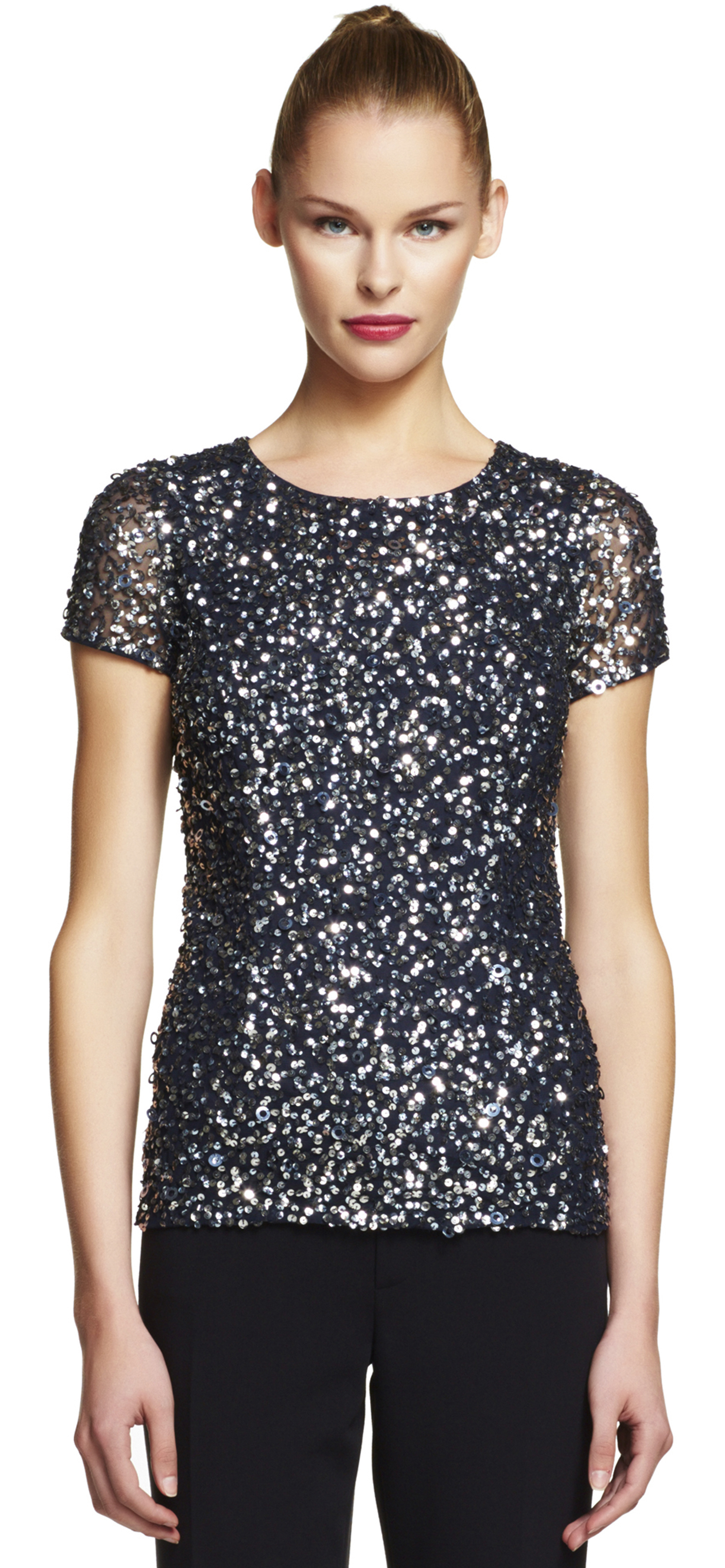 Adrianna papell Short Sleeve Sequin Mesh Top in Gray | Lyst
