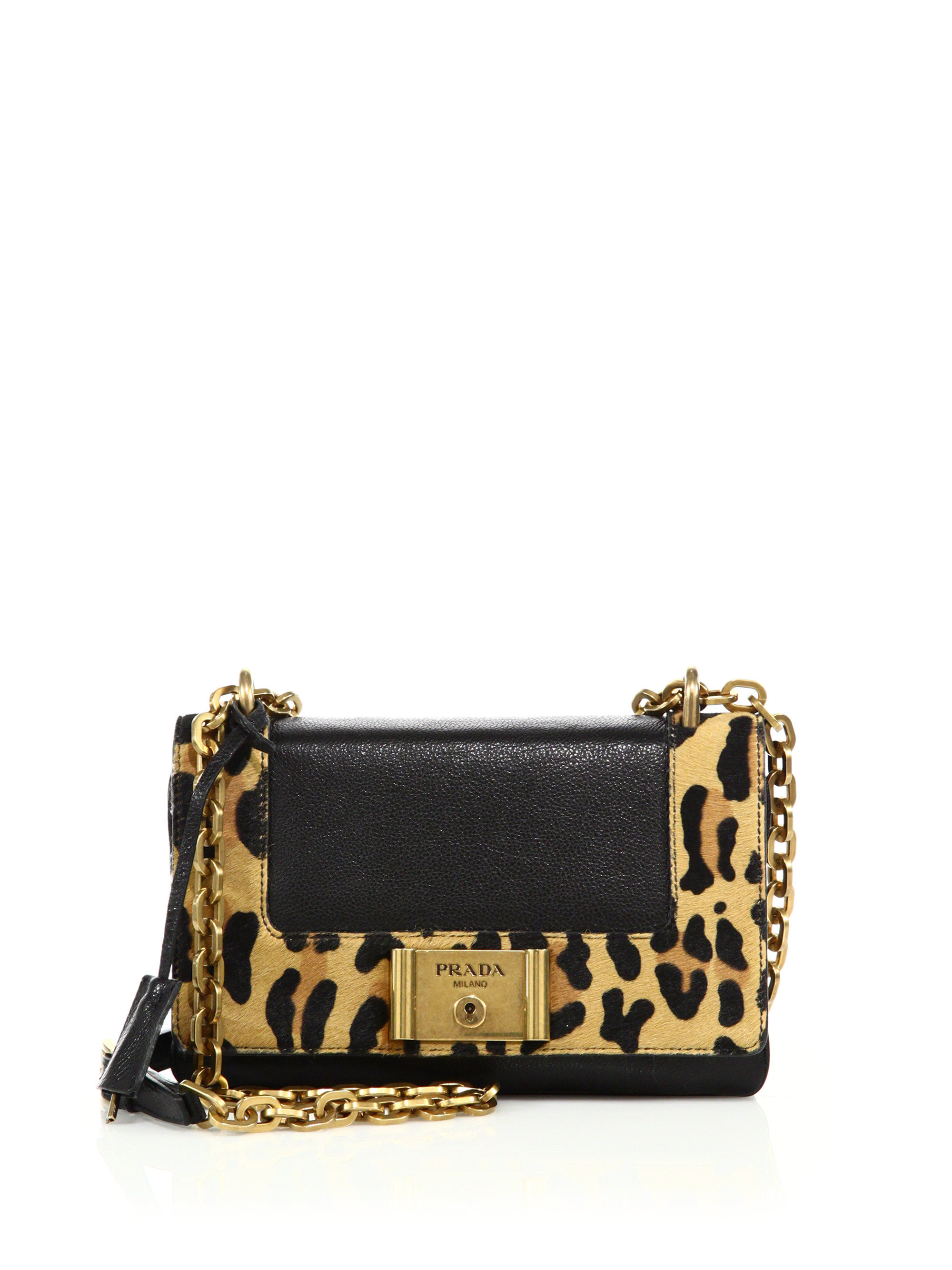 Prada Glace Leather \u0026amp; Leopard-print Calf Hair Chain Shoulder Bag ...  