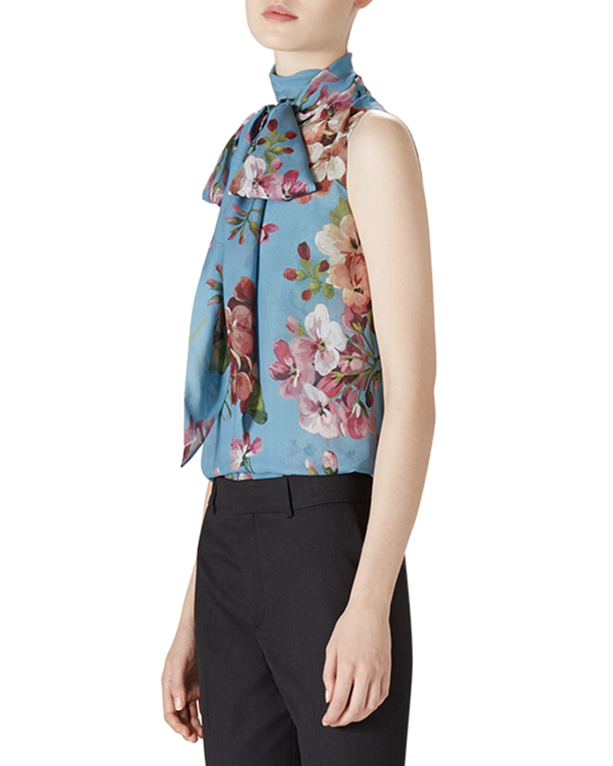Gucci Geranium Print Silk Scarf Top in Gray Lyst