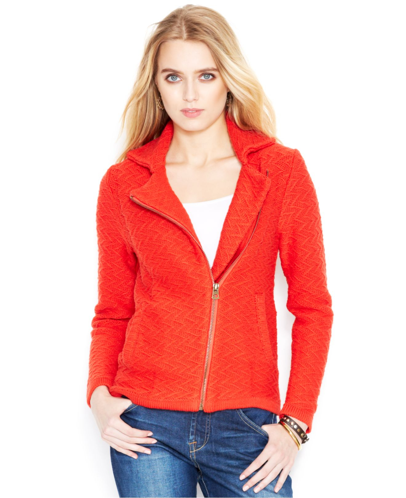 Lyst - Lucky Brand Lucky Brand Jacquard Moto Sweater Jacket in Red