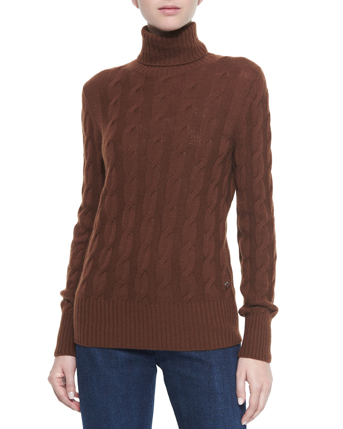 Loro piana Cashmere Cable Knit Turtleneck Sweater in Brown | Lyst