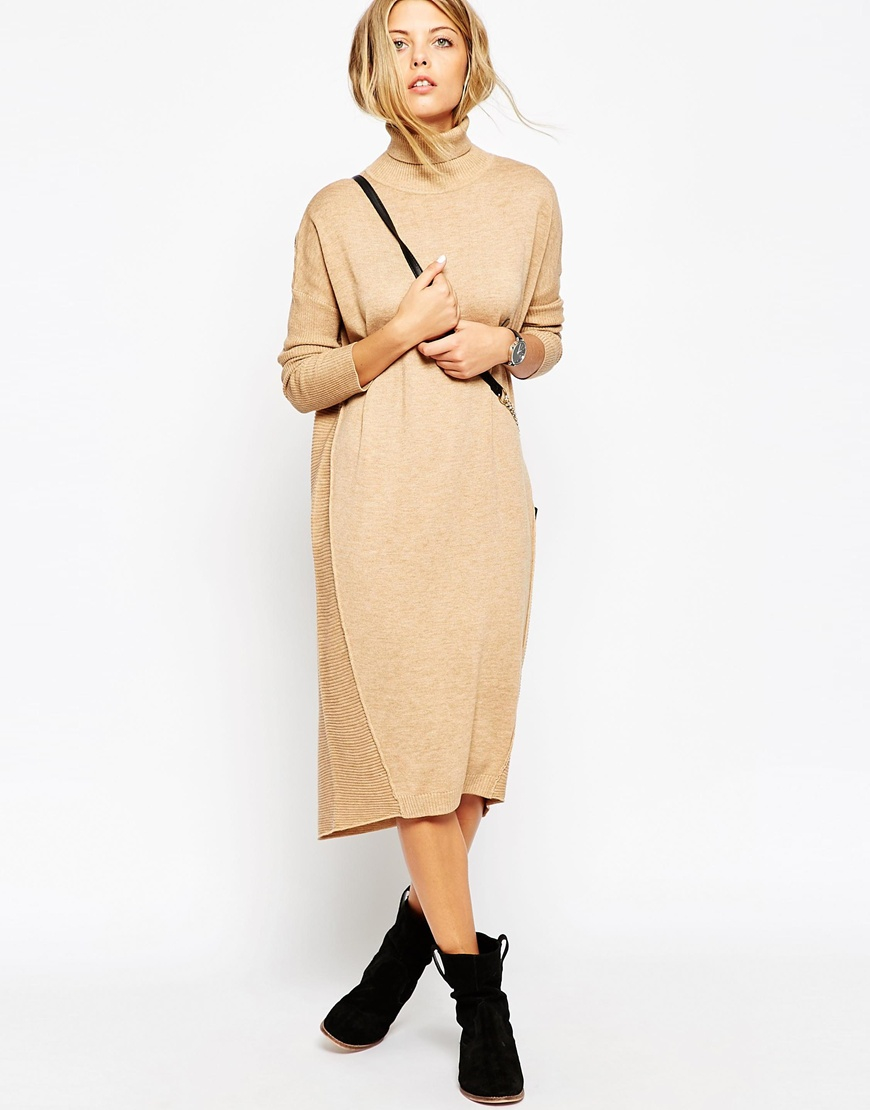 Lyst - Asos Midi Jumper Dress With Roll Neck in Natural