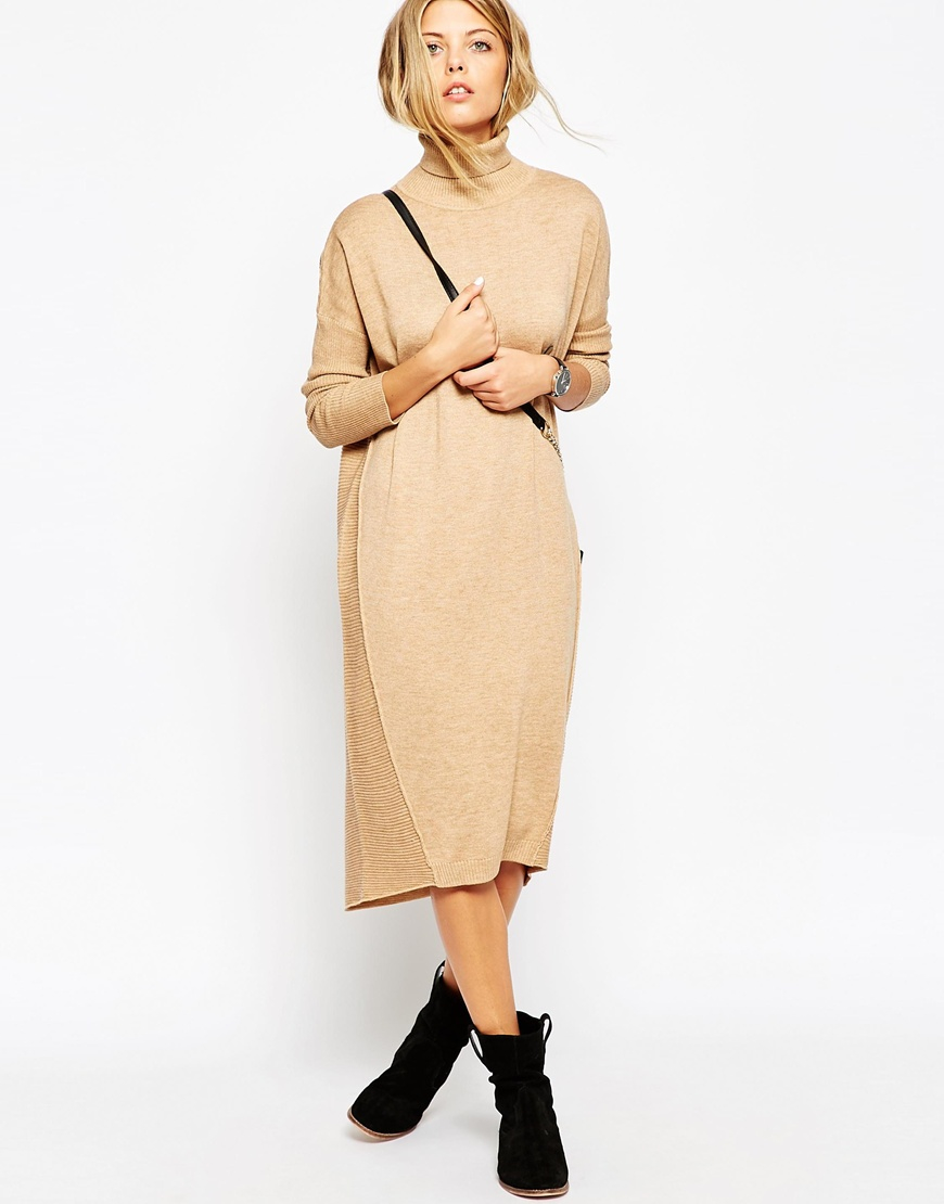 Lyst Asos Midi Jumper Dress With Roll Neck In Natural 6137