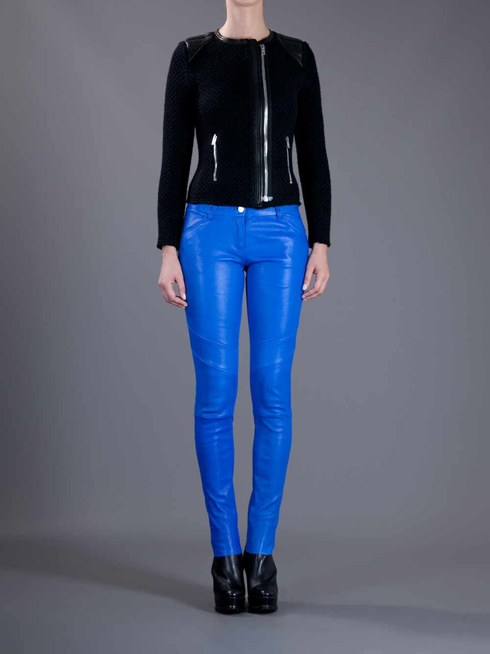 blue leather trousers