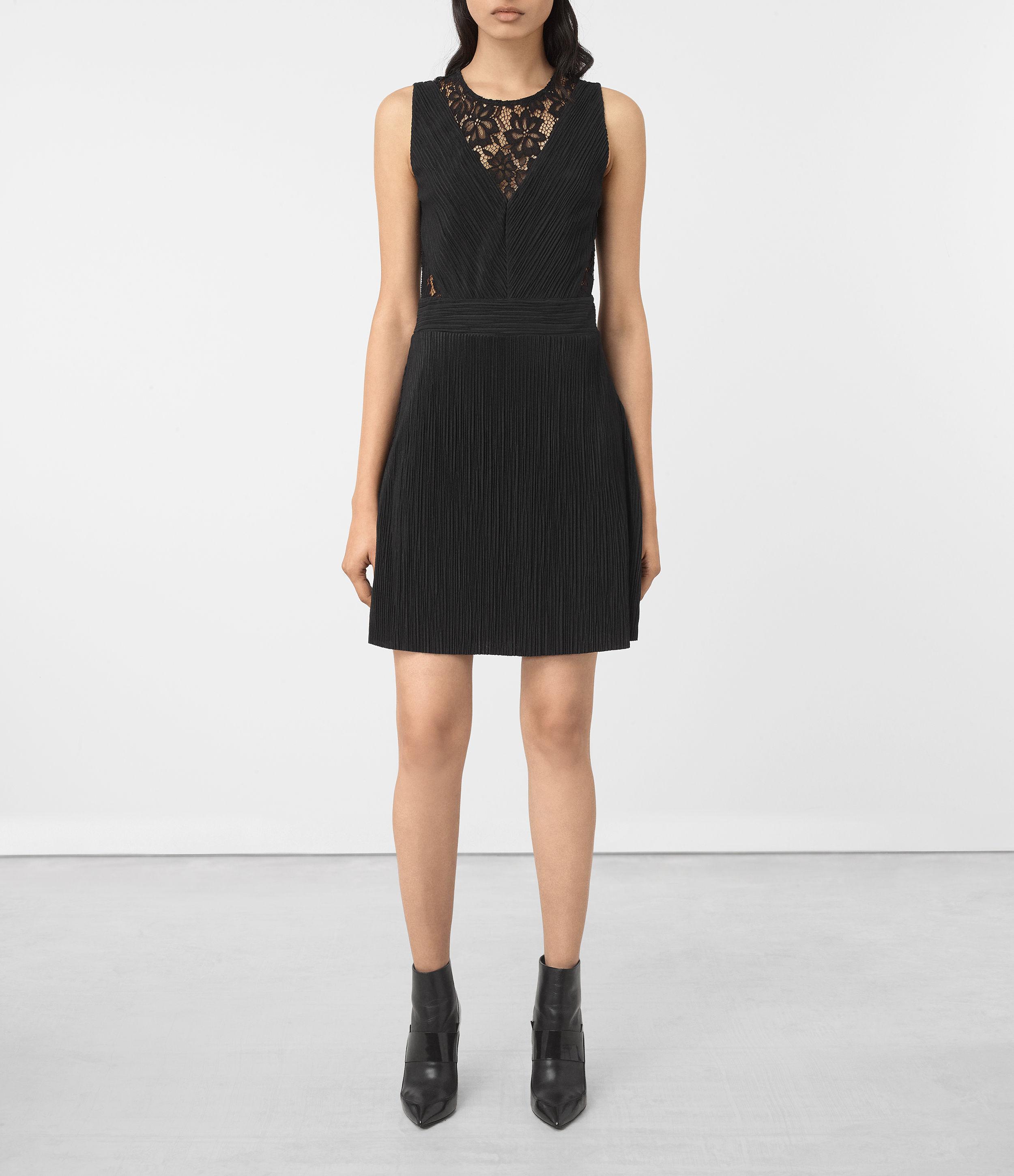 Allsaints Ula Lace Inset Pleated Dress in Black | Lyst