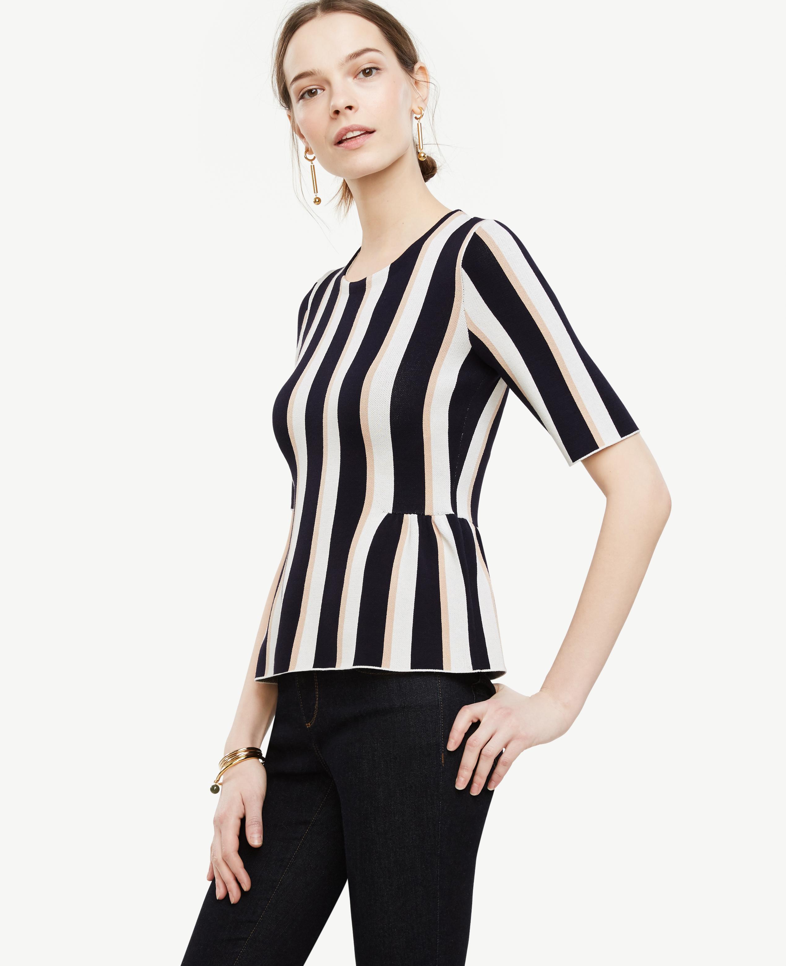 Lyst - Ann Taylor Stripe Shirred Peplum Sweater In Blue