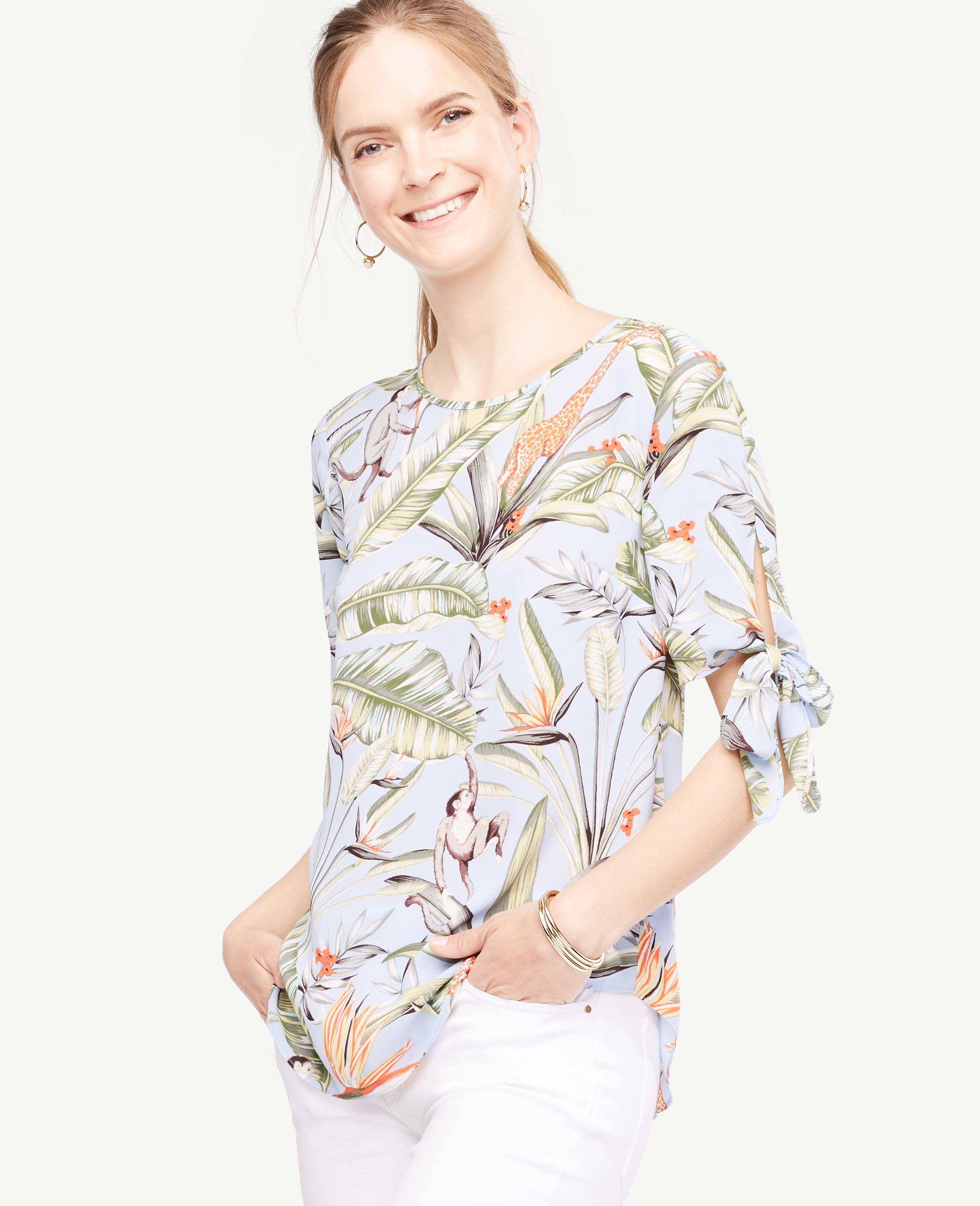 Lyst - Ann taylor Tropical Tie Sleeve Blouse in Blue