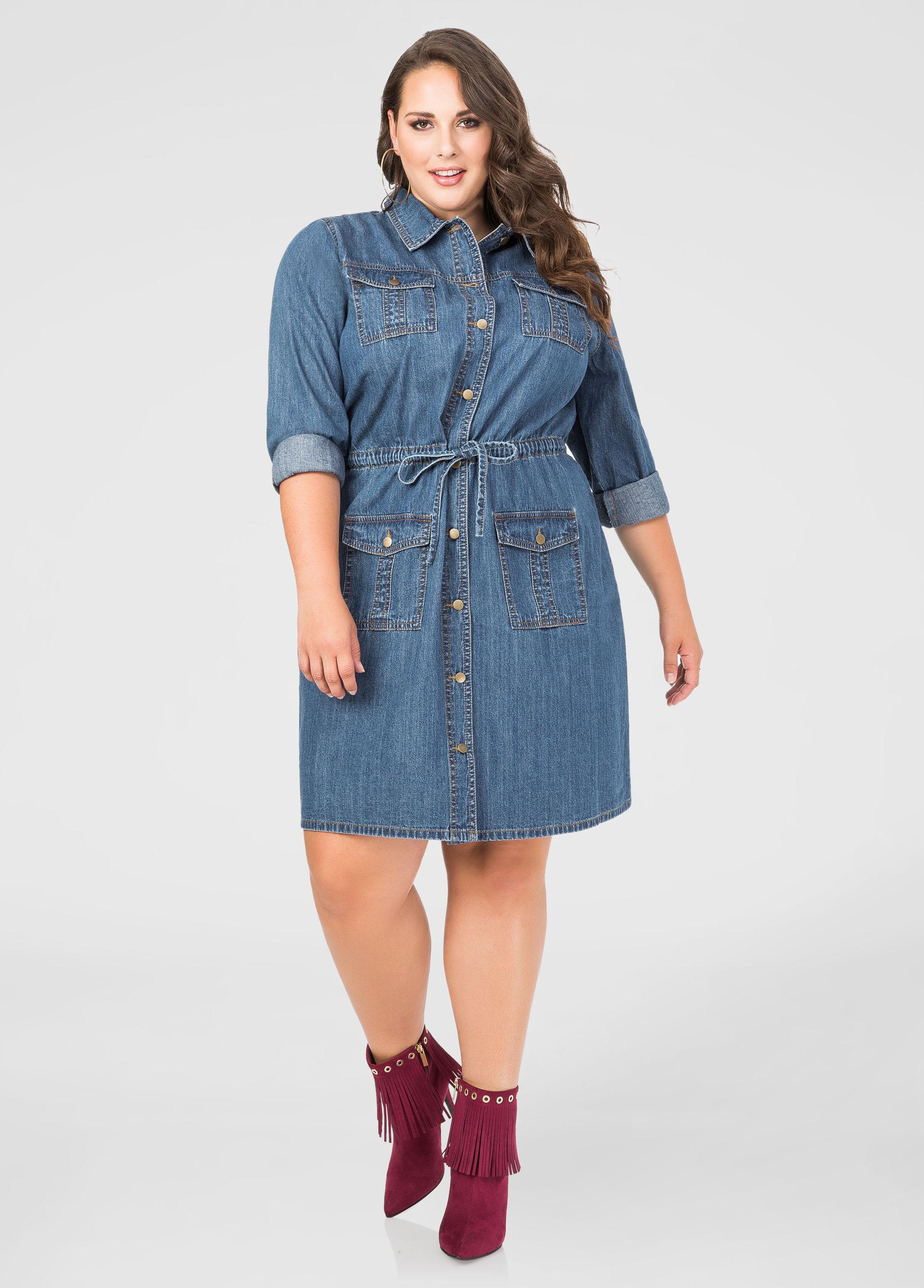 Ashley stewart Drawstring Button Front Jean Dress in Blue ...