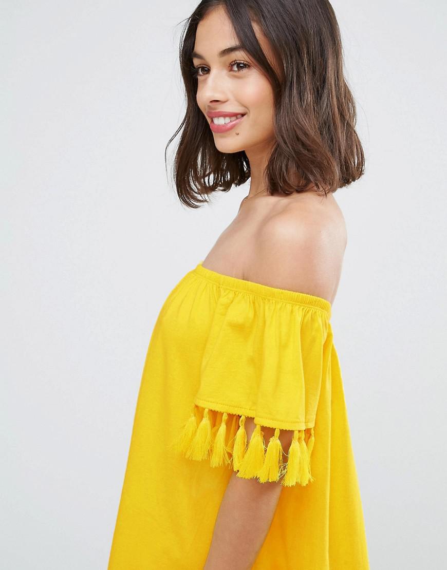 Lyst - Asos Off Shoulder Sundress With Tassel Detail in Yellow