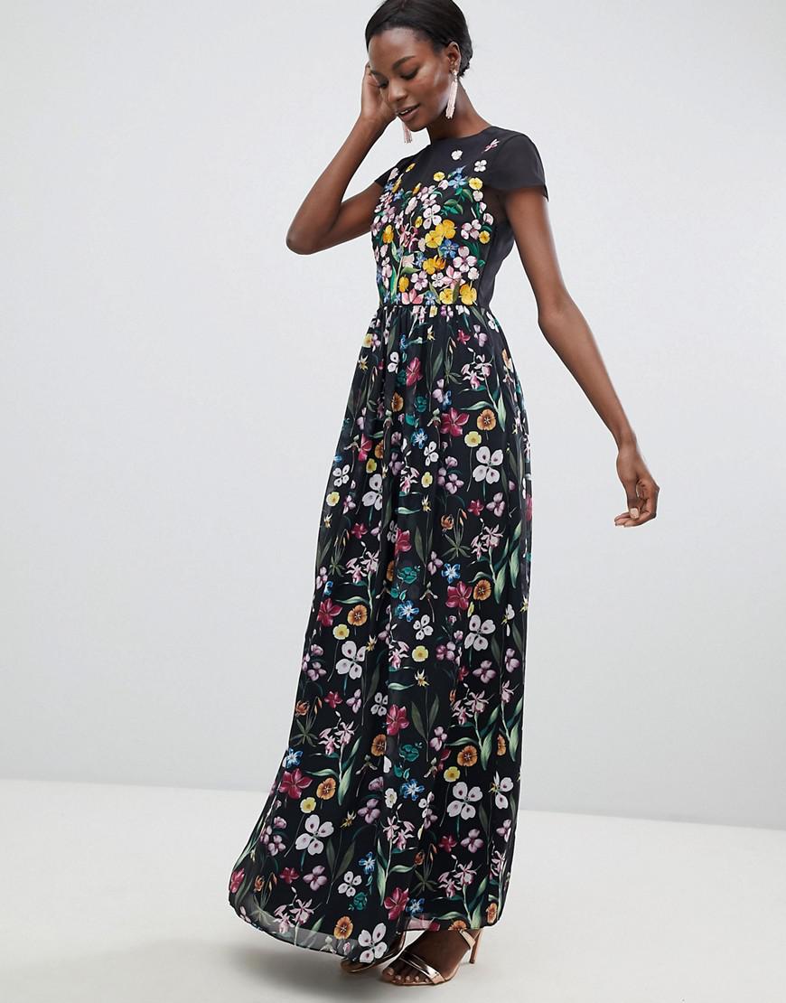 Lyst - Ted Baker Embroidered Floral Mariz Maxi Dress in Black