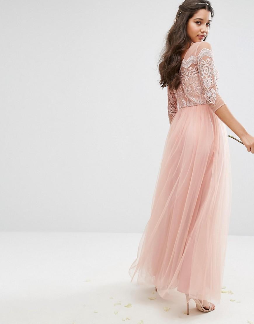 Chi chi london Premium Lace Maxi Dress With Tulle Skirt in Pink | Lyst