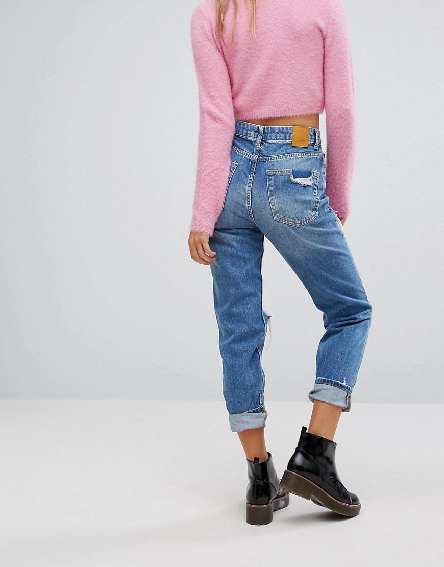 Lyst - Bershka Distressed Denim Boyfriend Jeans in Blue