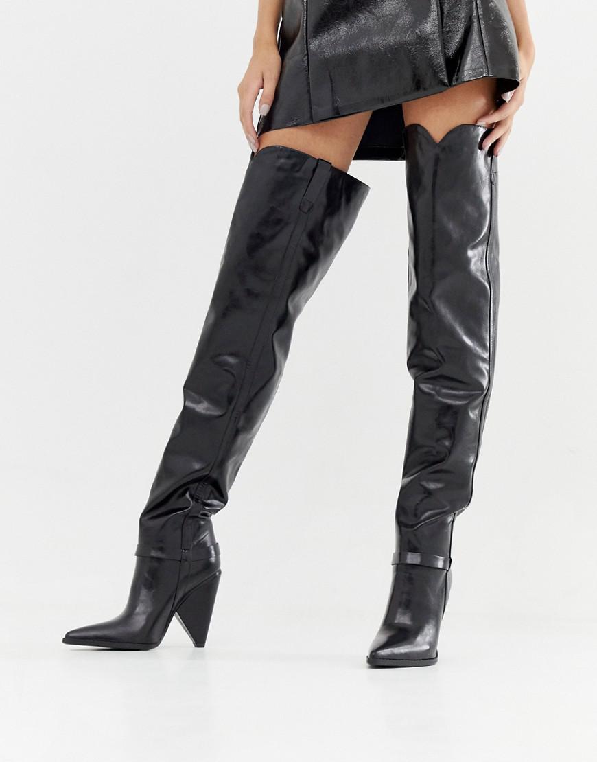 Lyst - LAMODA Black Cone Heel Snake Effect Over The Knee Boots in Black