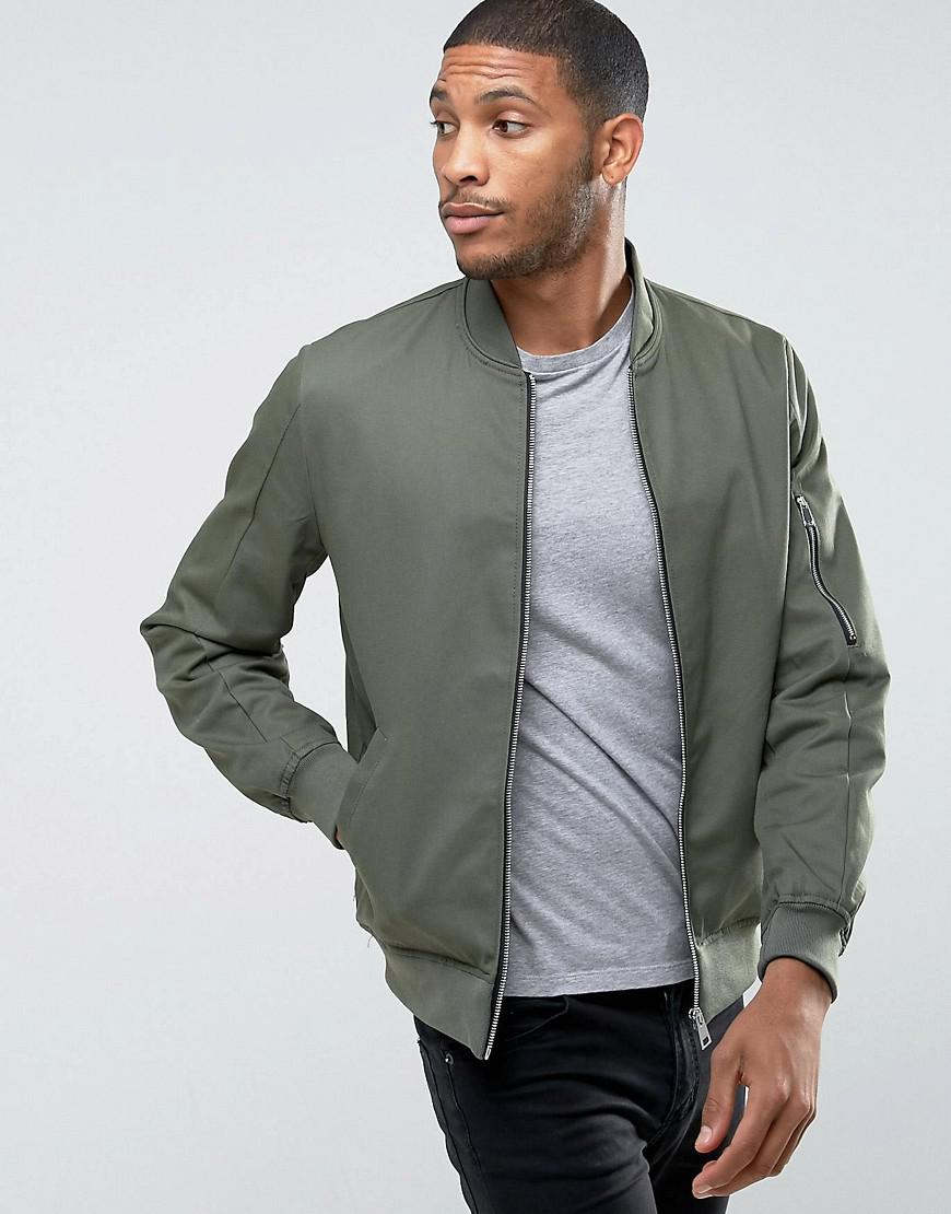 Lyst - Asos Asos Cotton Bomber Jacket With Sleeve Zip In Khaki in Green for Men - Save 58 ...