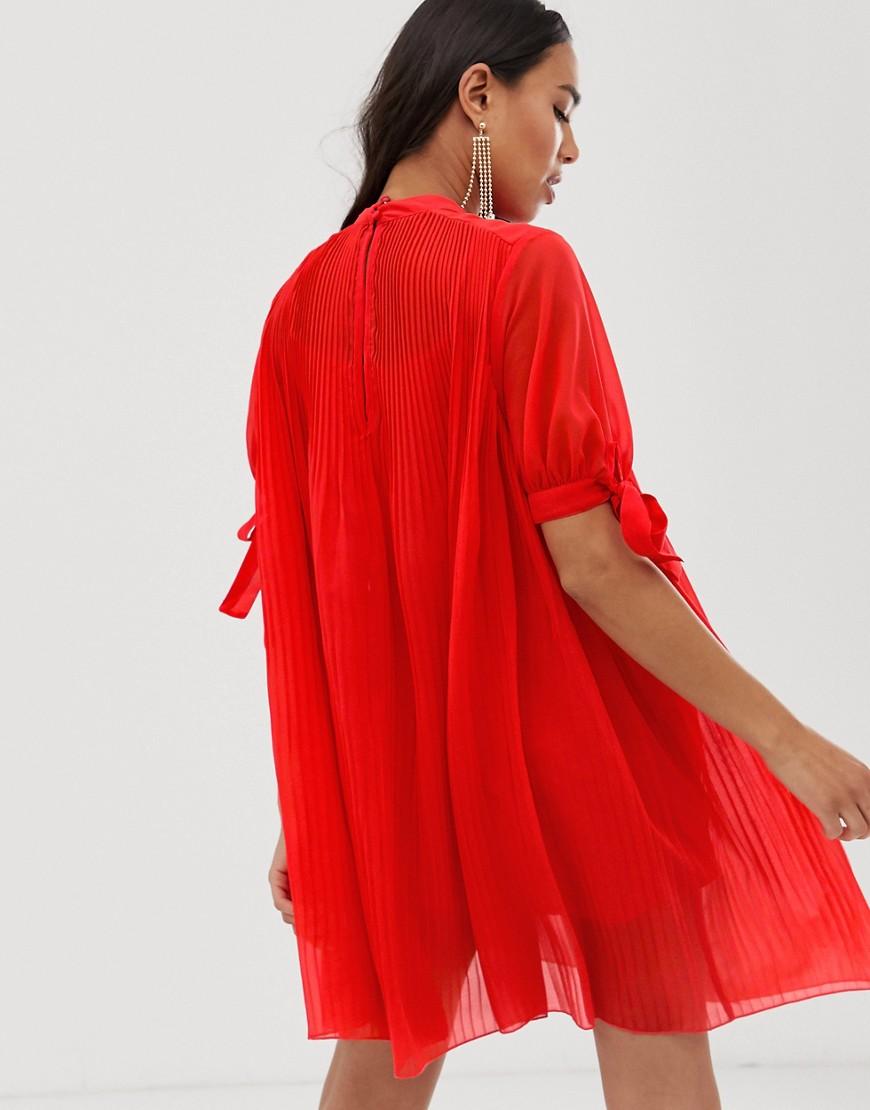 ASOS Asos Design Maternity Pleated Trapeze Mini Dress With Tie Sleeves in Red - Lyst