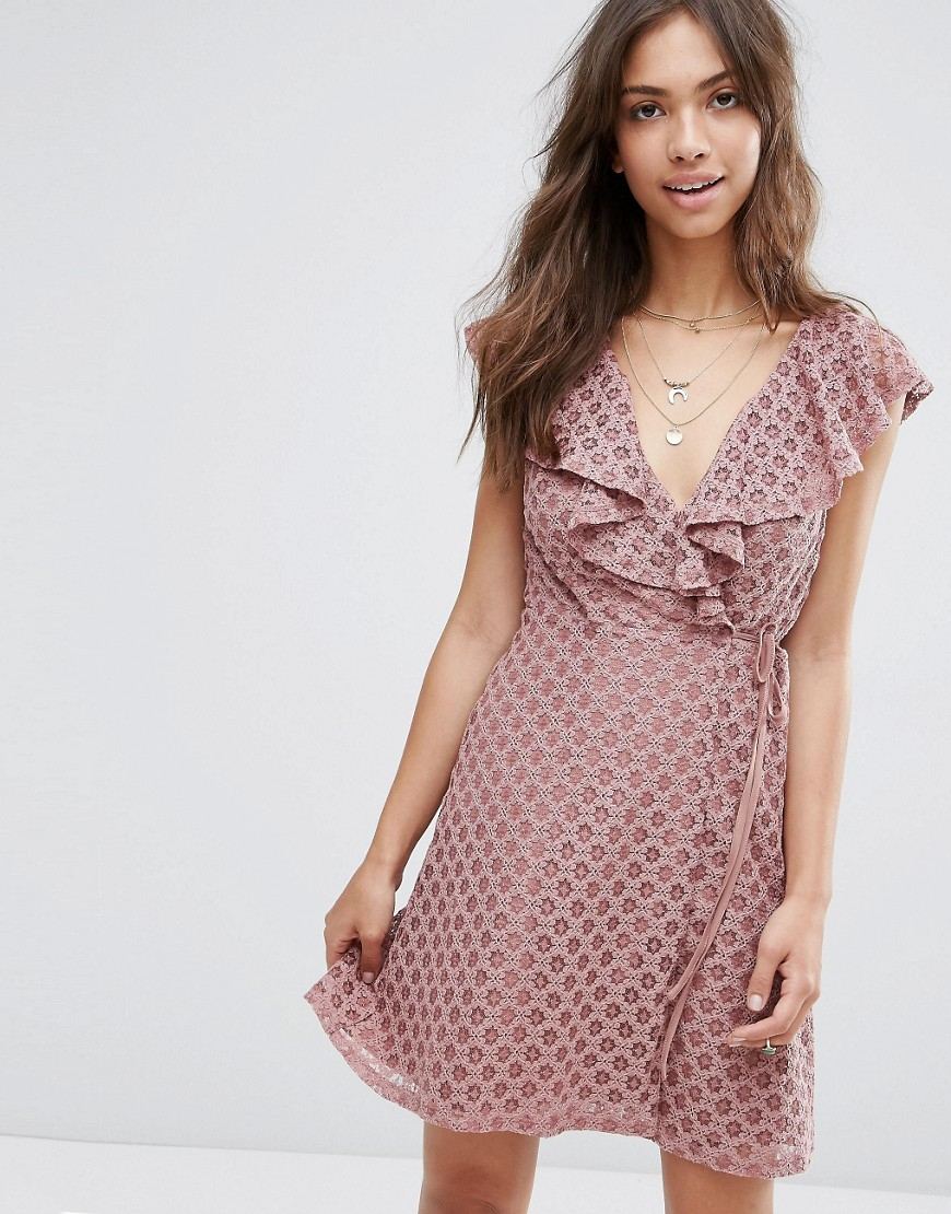 Asos Ruffle Wrap Lace Dress in Pink | Lyst
