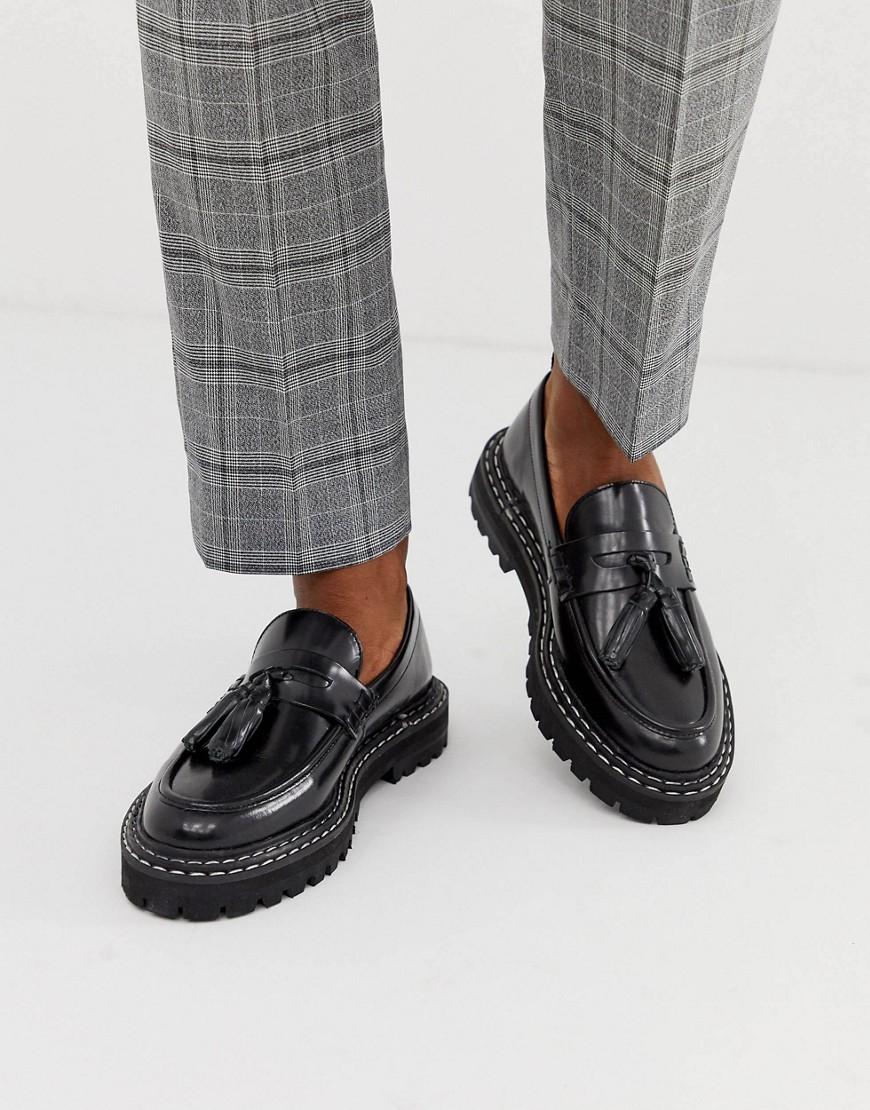 ASOS Loafers In Black Leather With Chunky Sole And Contrast Stitch in ...