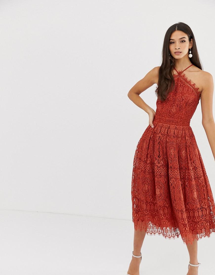 Lyst - ASOS Lace Midi Dress With Pinny Bodice in Red