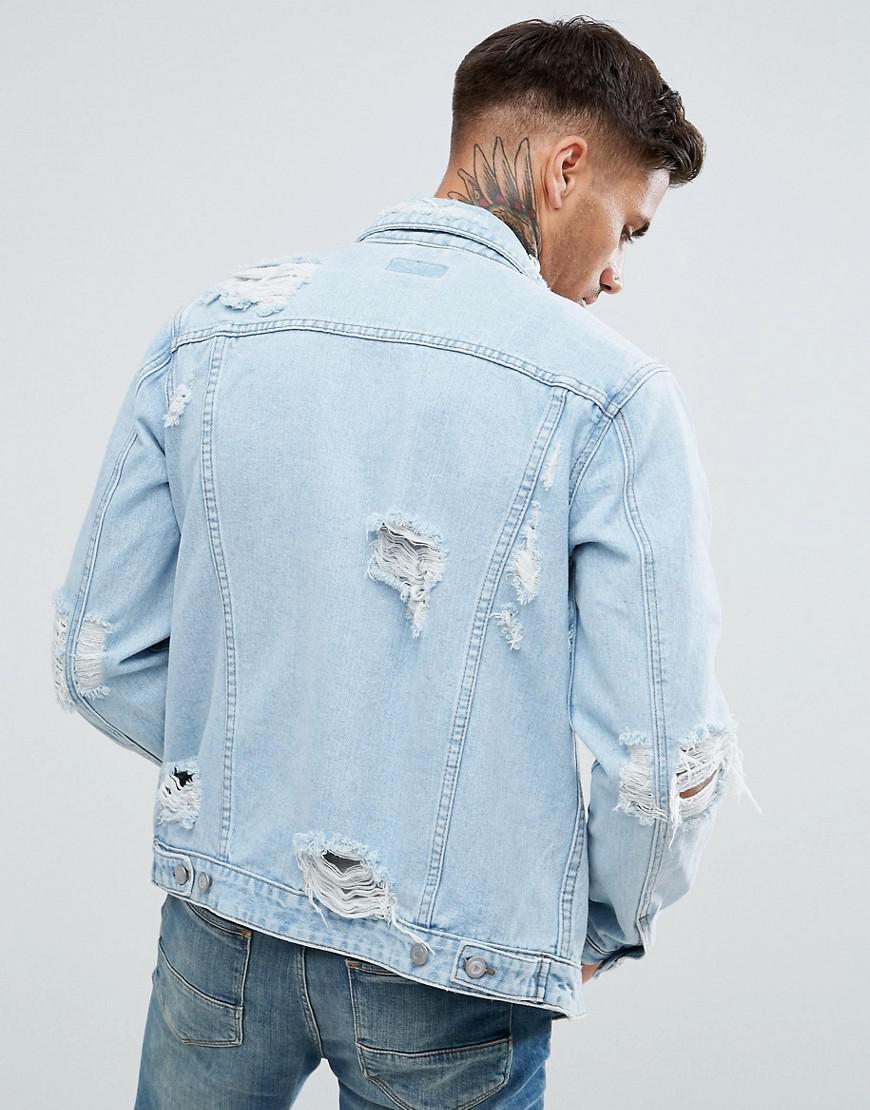 Lyst - ASOS Denim Jacket With Rips In Extreme Light Wash in Blue for Men