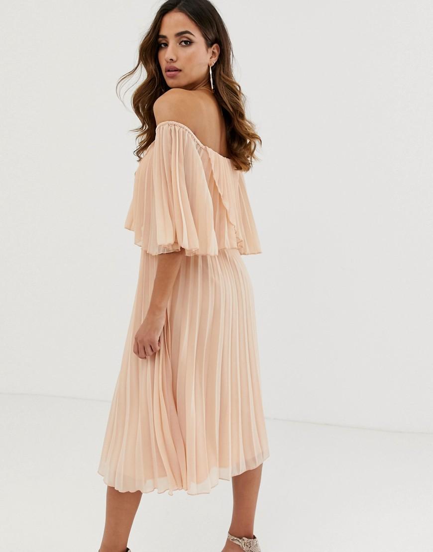 ASOS Pleated Bandeau Midi Dress With Double Layer in Natural - Lyst