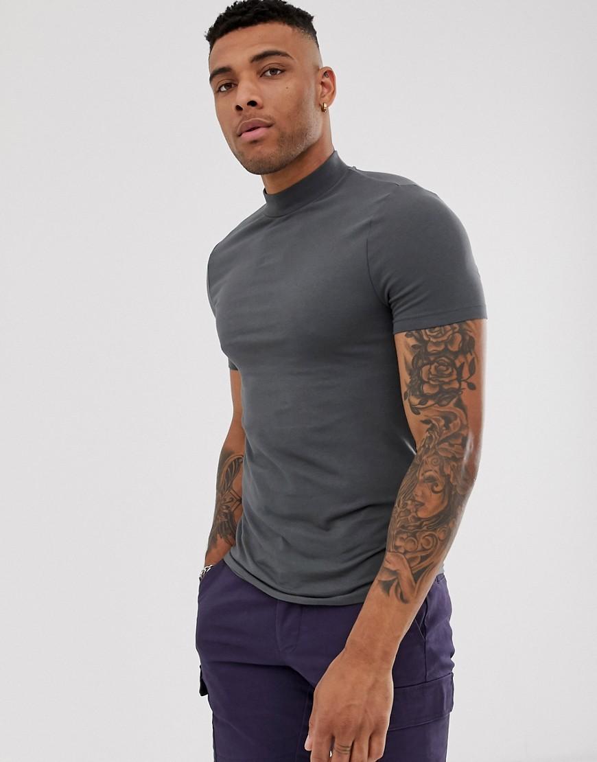 Asos Organic Muscle Fit With Stretch T Shirt With Turtle Neck In Washed Black In Green For Men 4277