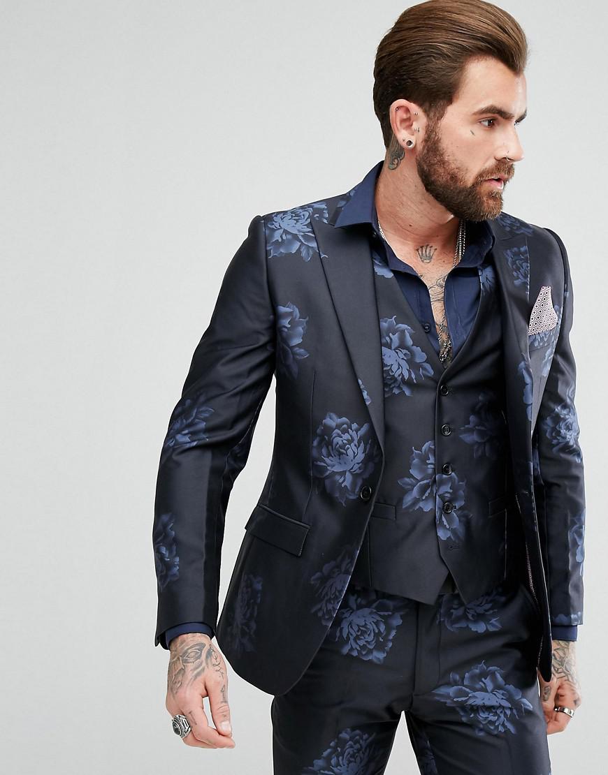 Rudie Navy Floral Print Skinny Fit Suit Jacket in Blue for Men | Lyst