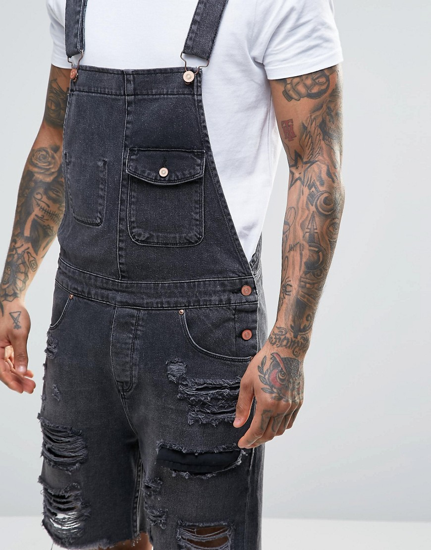 Lyst Asos Denim Overalls With Mega Rips In Washed Black in Black for Men
