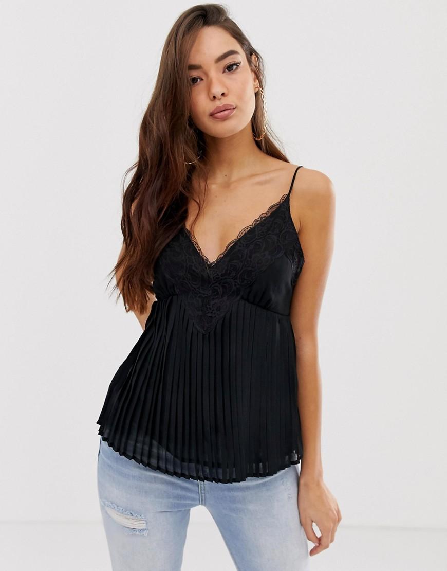 ASOS Pleated Cami With Lace Insert in Black - Lyst