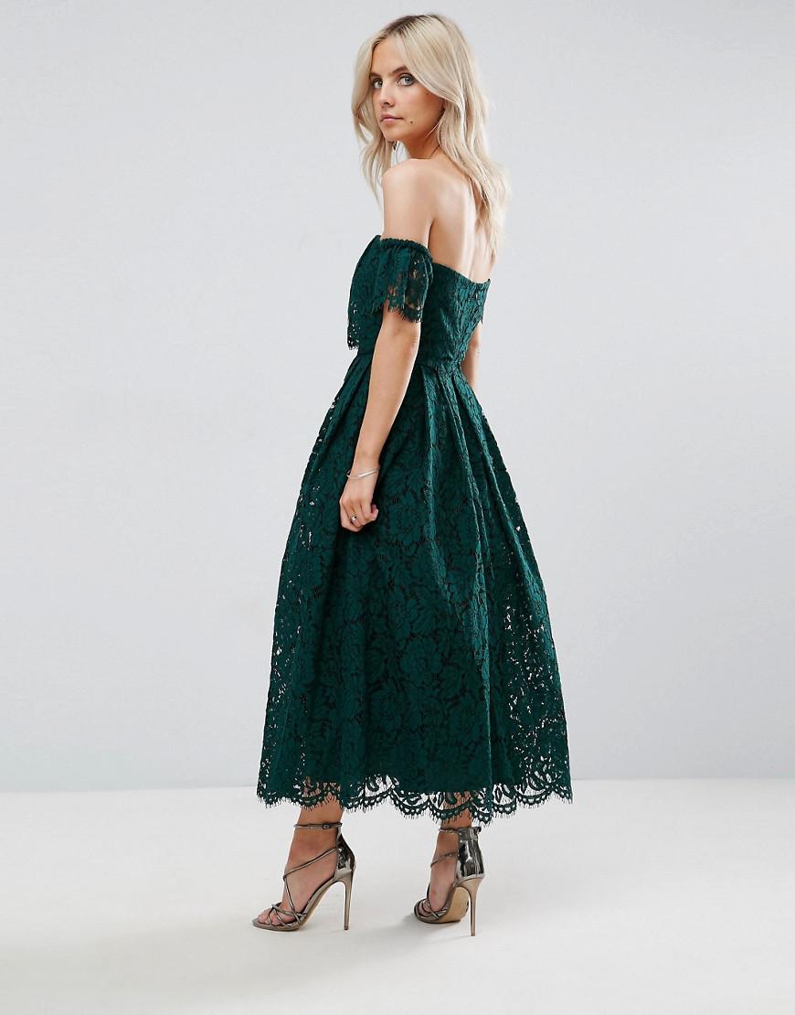 Lyst - Asos Off The Shoulder Lace Prom Midi Dress in Green