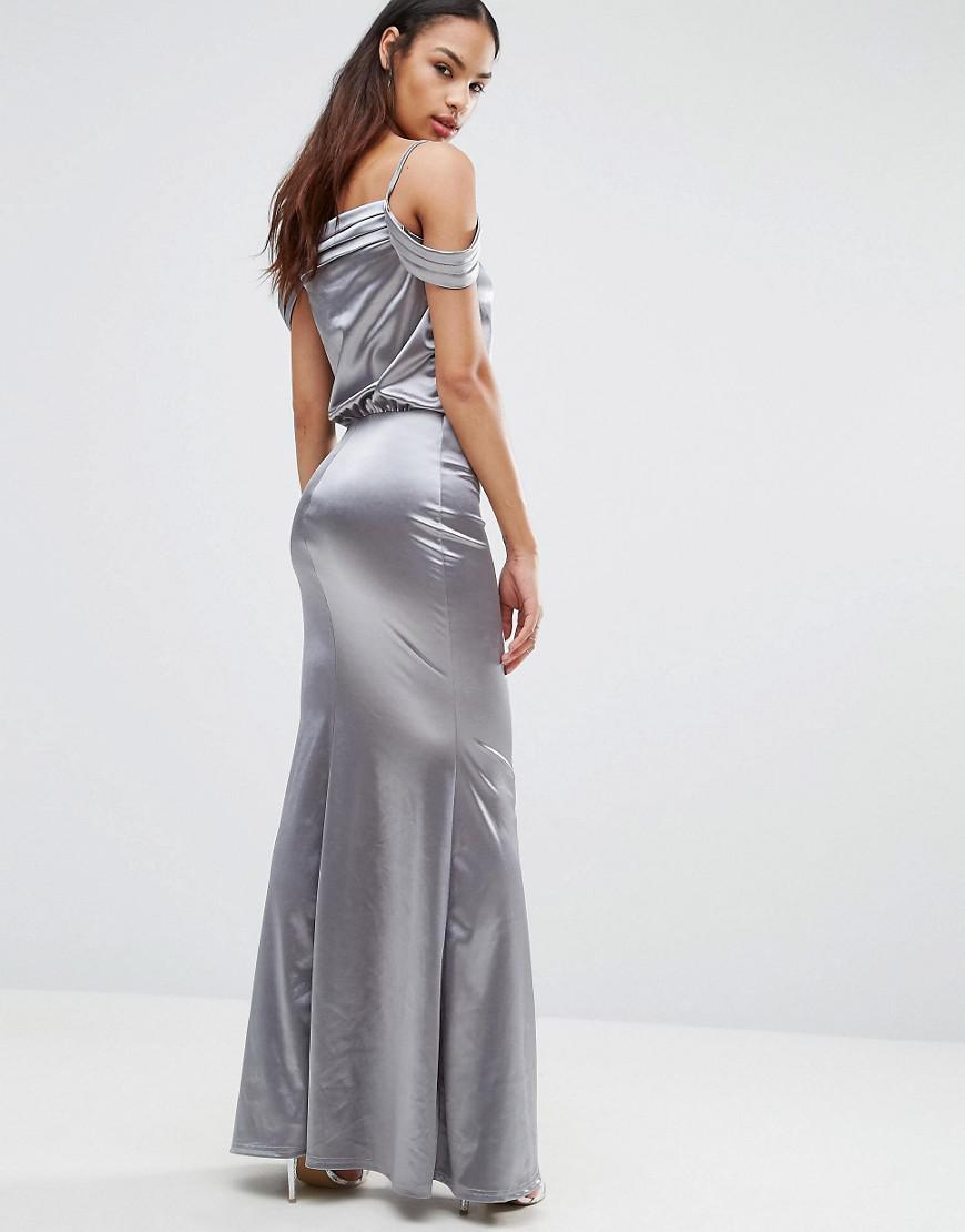 Lyst - Club L Drape Shoulder Detail Satin Fishtail Maxi Dress in Metallic