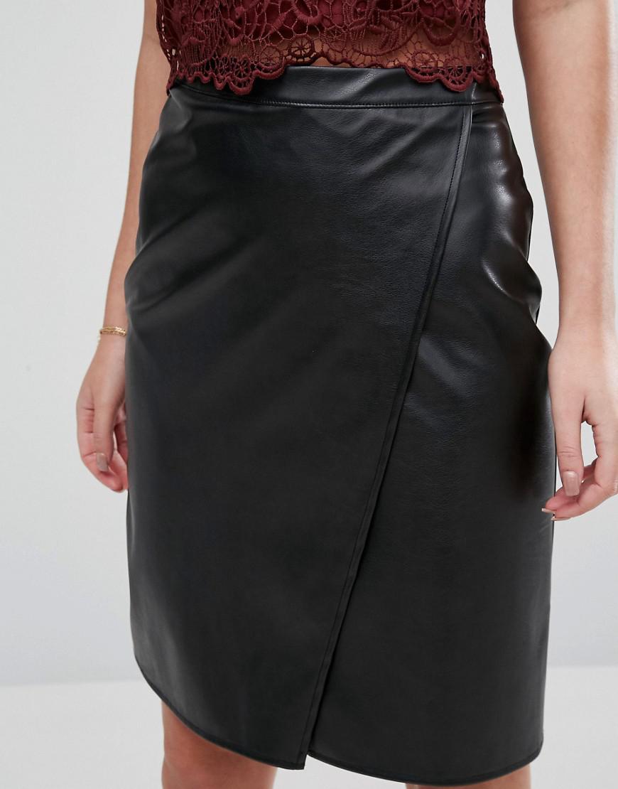 Lyst - New Look Leather Look Wrap Front Midi Skirt in Black