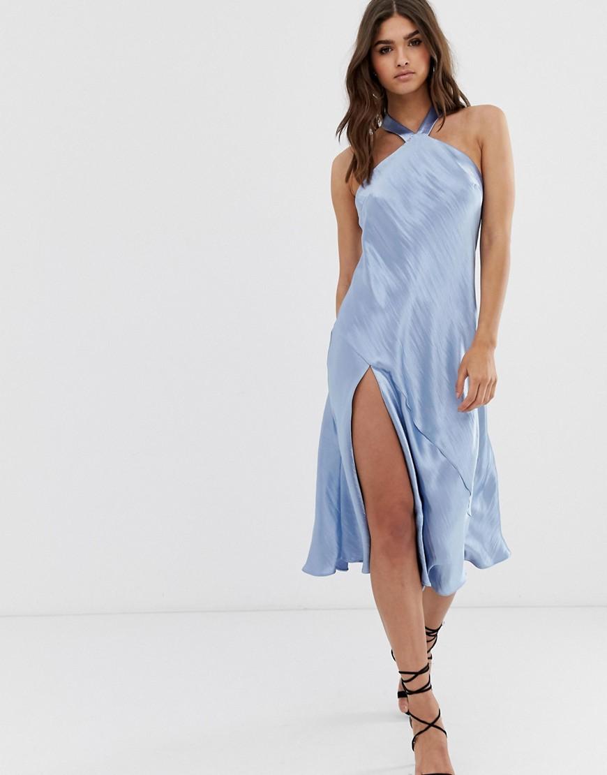 ASOS Midi Dress With Halter Neck Detail In High Shine Satin in Blue - Lyst
