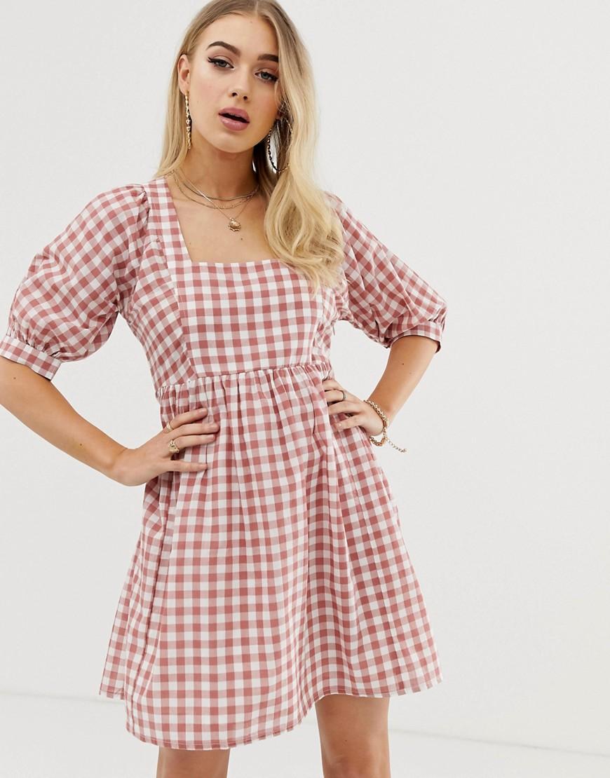 ASOS Mini Smock Dress In Gingham in Pink - Lyst