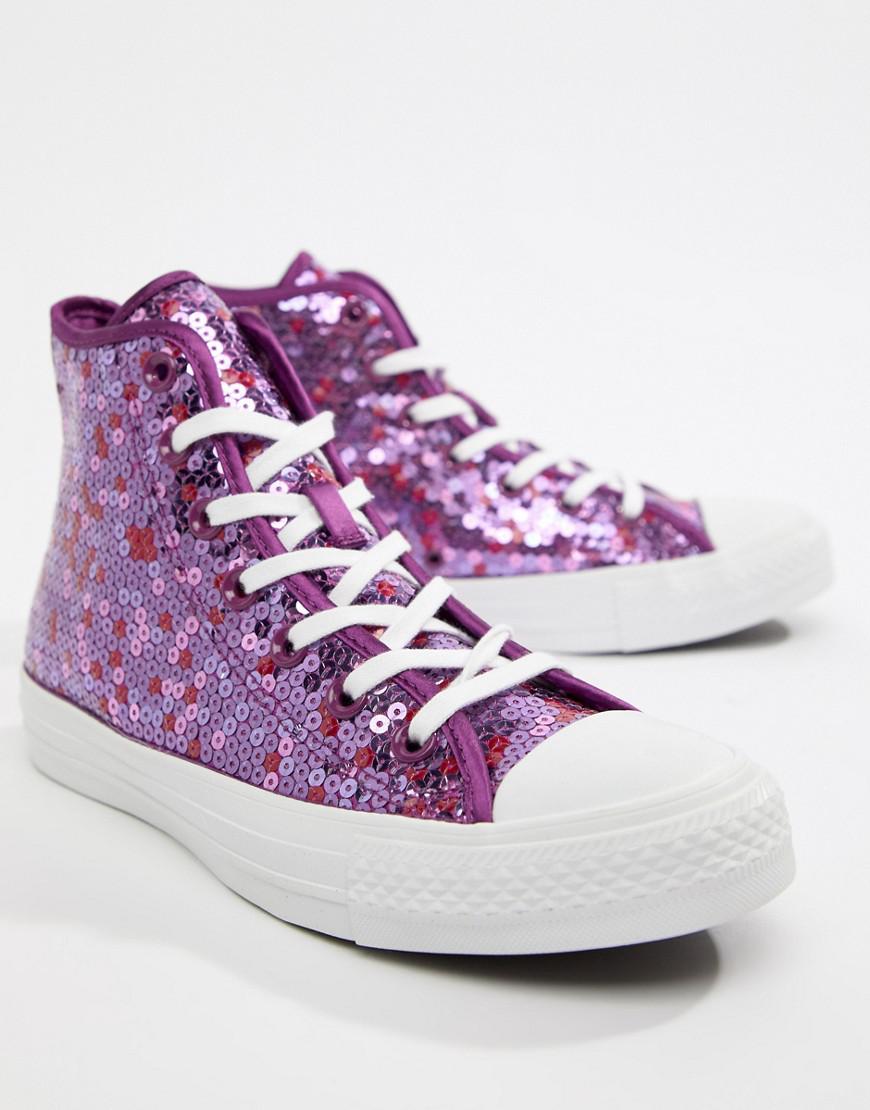 Lyst - Converse Chuck Taylor All Star Hi Purple Sequined Trainers in Purple