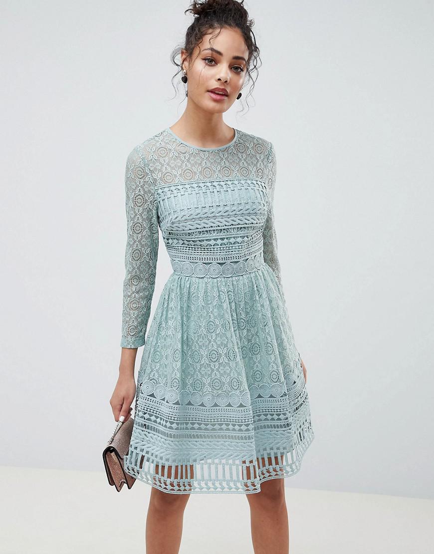 Lyst - Asos Premium Lace Mini Skater Dress With Long Sleeves in Green