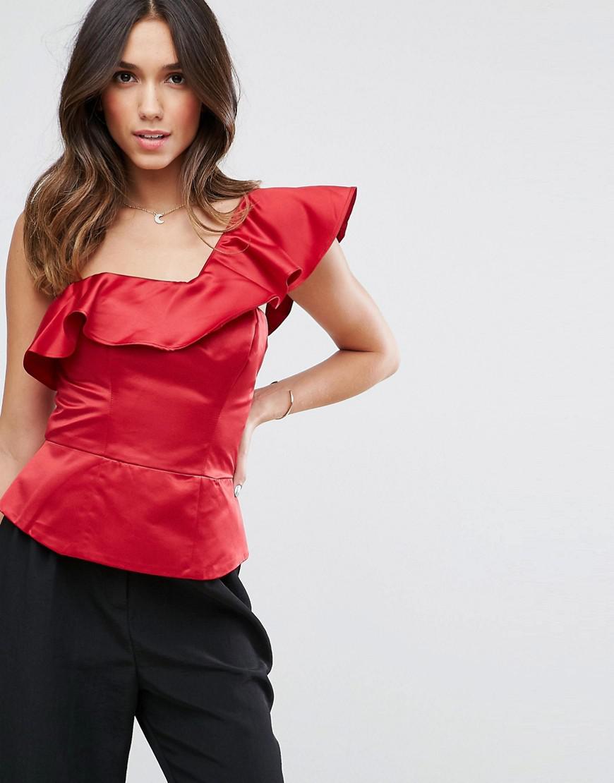 Lyst - Asos Premium Structured Satin One Shoulder Top With Ruffle in Red