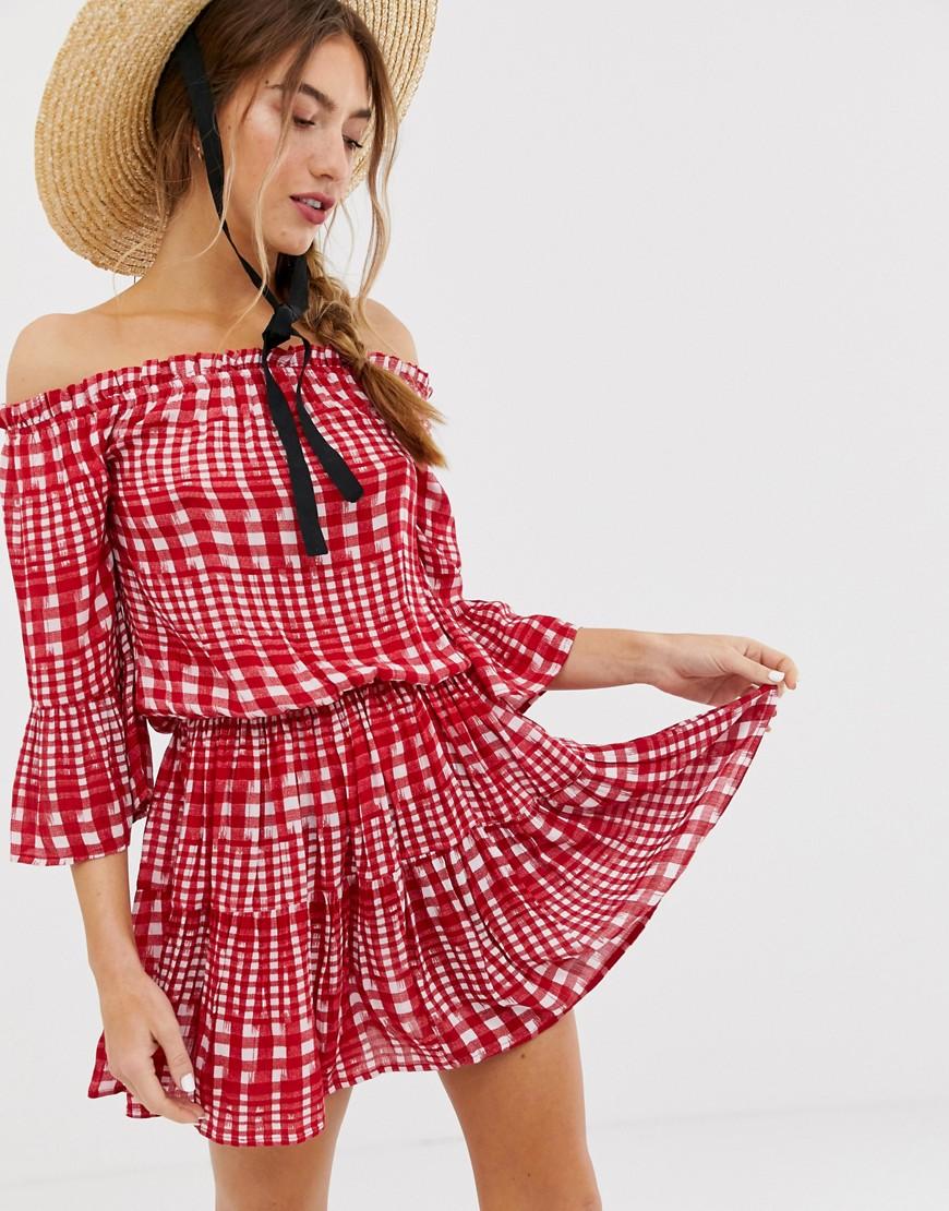 ASOS Off Shoulder Tiered Mini Sundress In Gingham in Red - Lyst