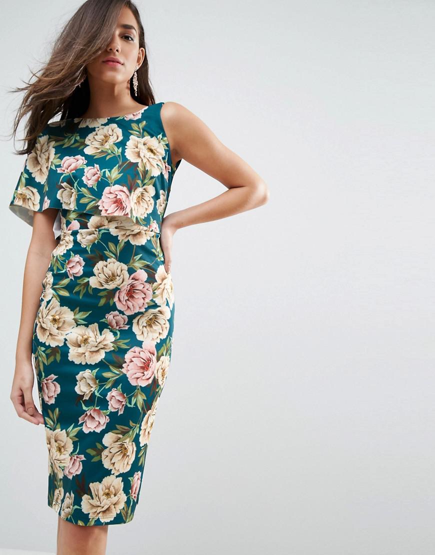 Lyst - Asos Floral Asymmetric One Shoulder Cape Bodycon Midi Dress
