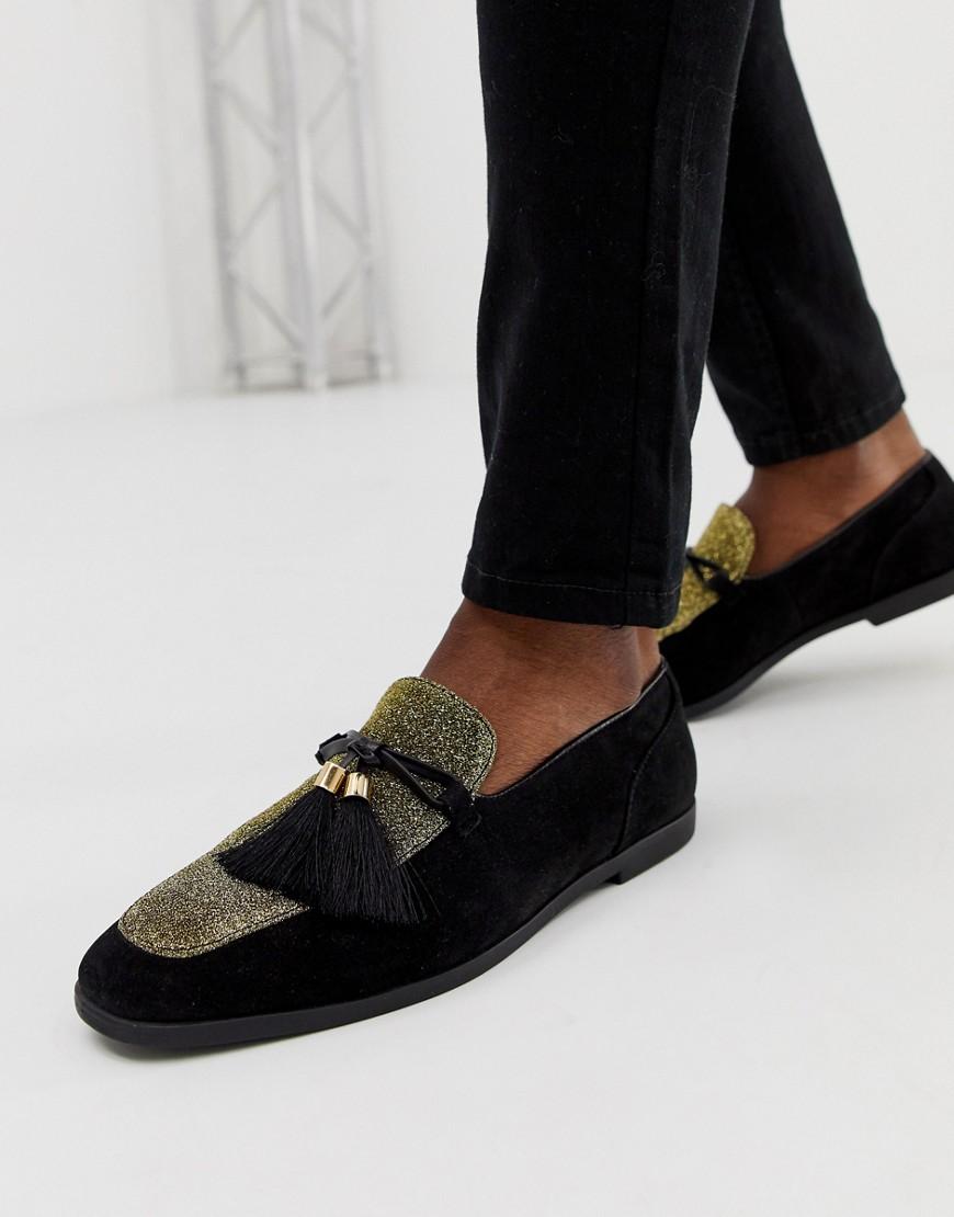 Lyst - ASOS Loafers In Black Faux Suede With Gold Glitter in Black for Men