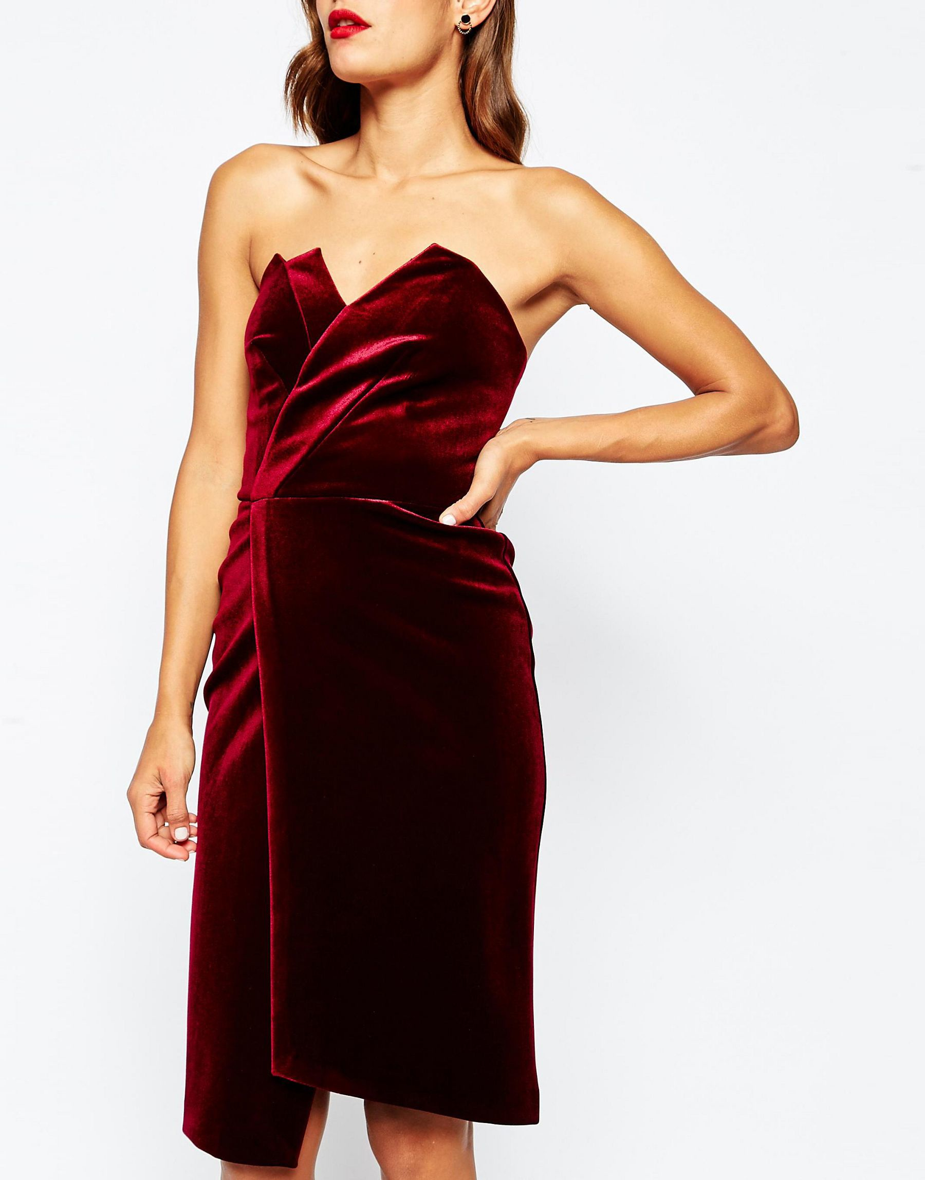 Lyst - Asos Velvet Asymmetric Bandeau Midi Dress in Purple